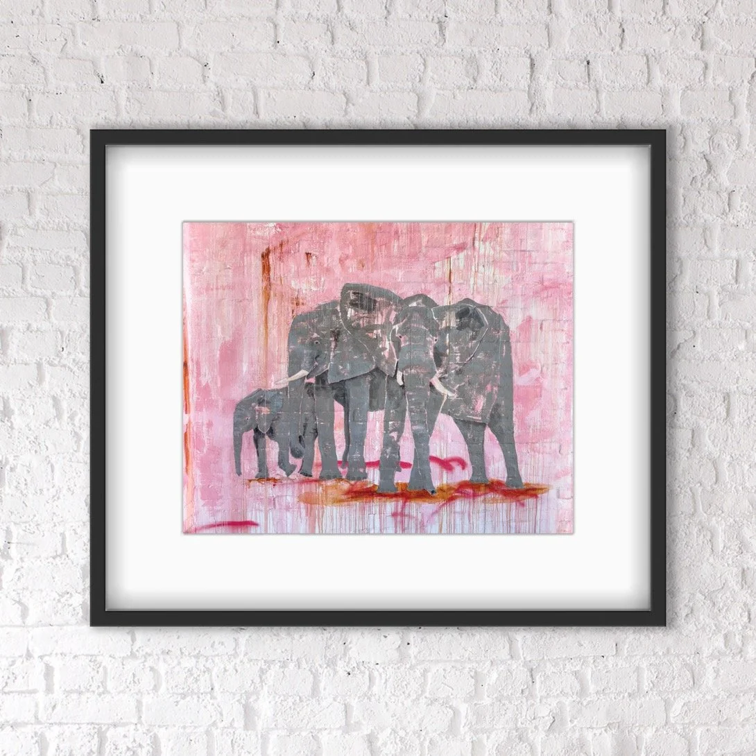 Framed view of elephant art print featuring contemporary wildlife artwork by John Baran.