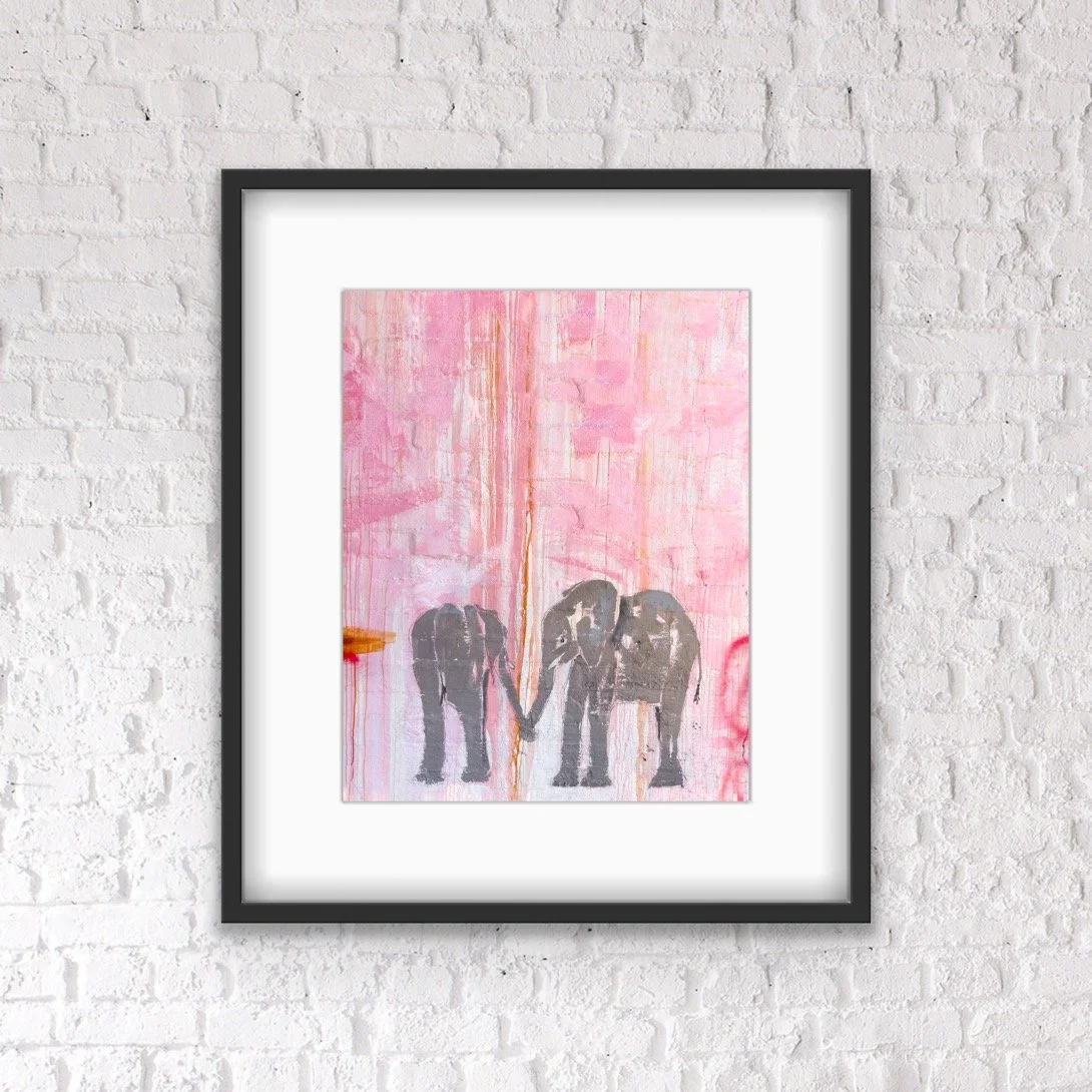 Framed elephant art print featuring contemporary wildlife artwork by John Baran.