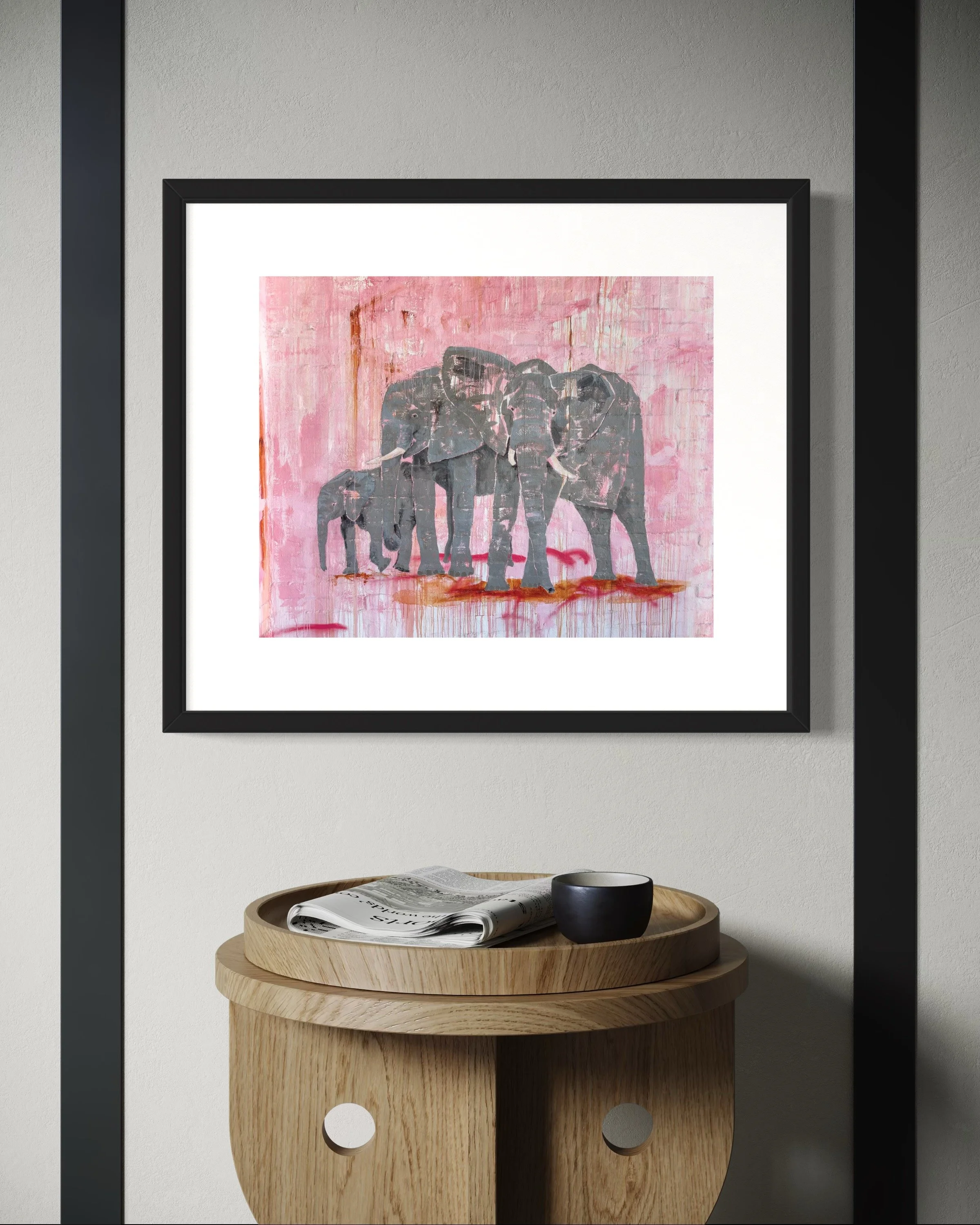 In room view of elephant art print featuring contemporary wildlife artwork by John Baran.