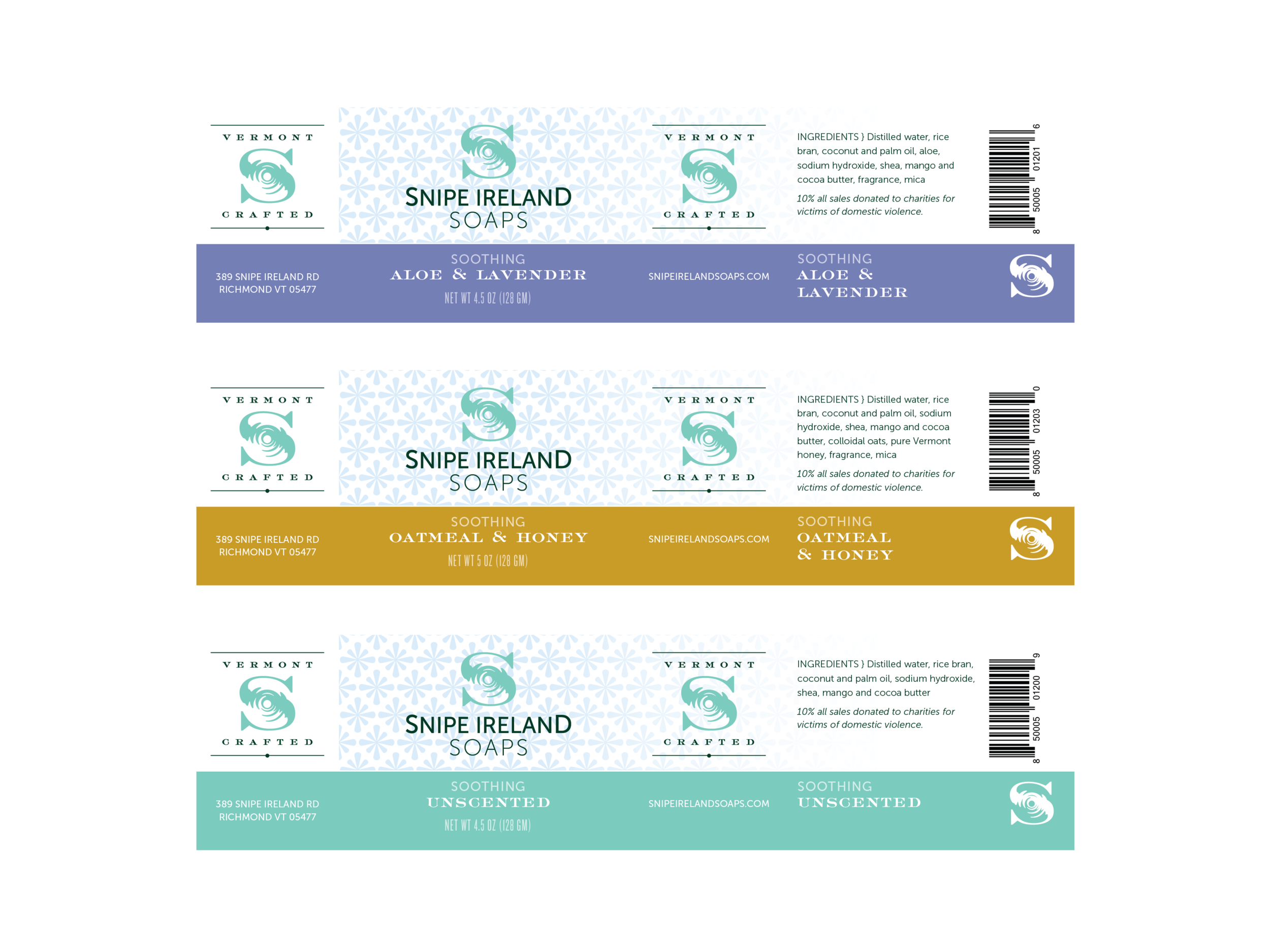 Snipe Ireland Soaps' soothing soap label designs by Interrobang