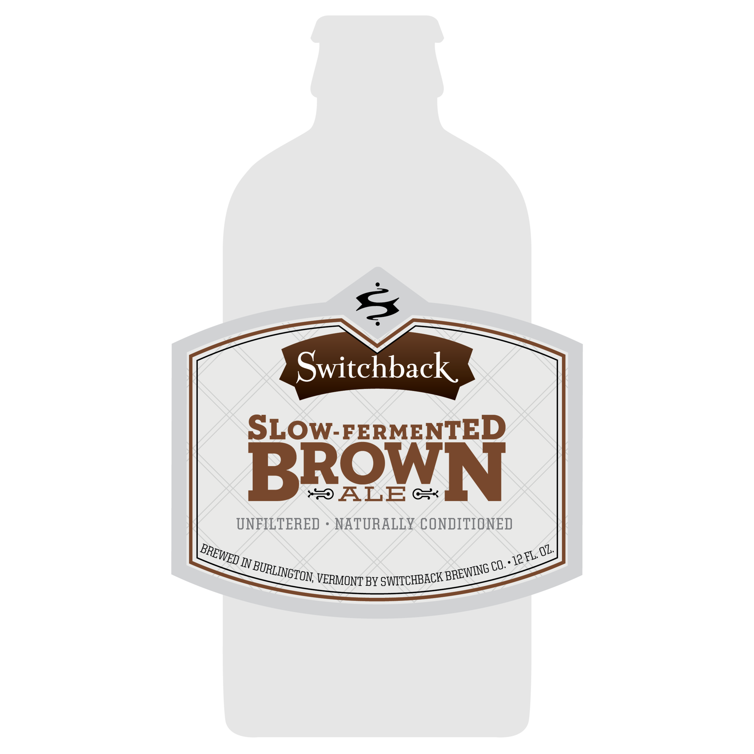 Interrobang's 12oz bottle label design for Switchback Slow Fermented Brown Ale