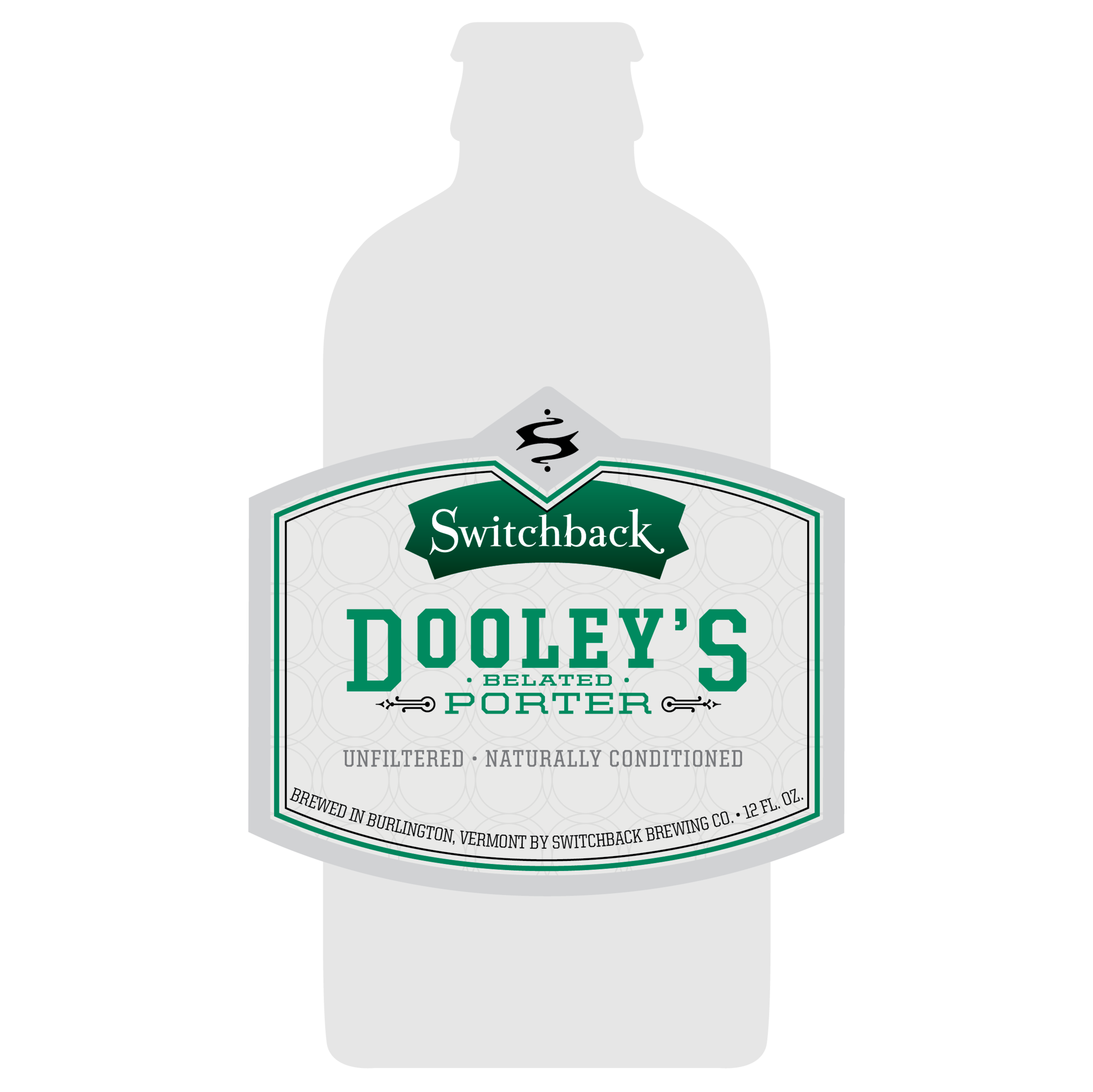 Interrobang's 12oz bottle label design for Switchback Dooley's Belated Porter
