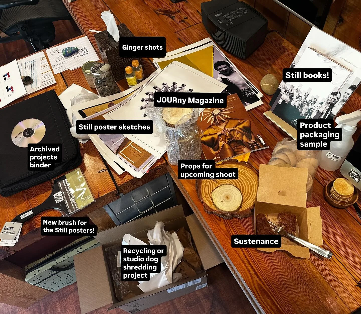 This delightful mess means fun is being had in the studio! What are we working on? 

- Several packaging projects
- Exhibit designs
- Print marketing materials
- Poster designs
- Publication design
- Several website projects
- Prep for an upcoming sh