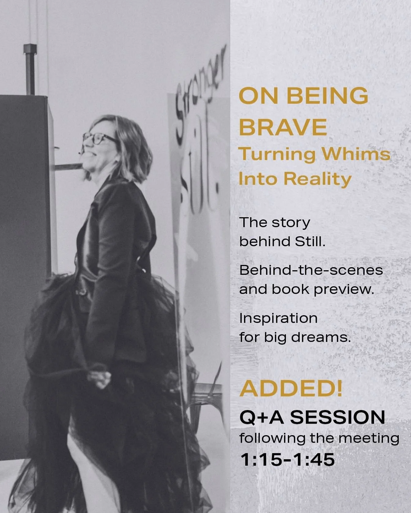 Interested in seeing the behind-the-scenes of the making of Still and a preview of the book design? 

Please join us for &lsquo;On Being Brave: Turning Whims into Reality&rsquo;, where Lisa will share how Still came to be and where it&rsquo;s going! 