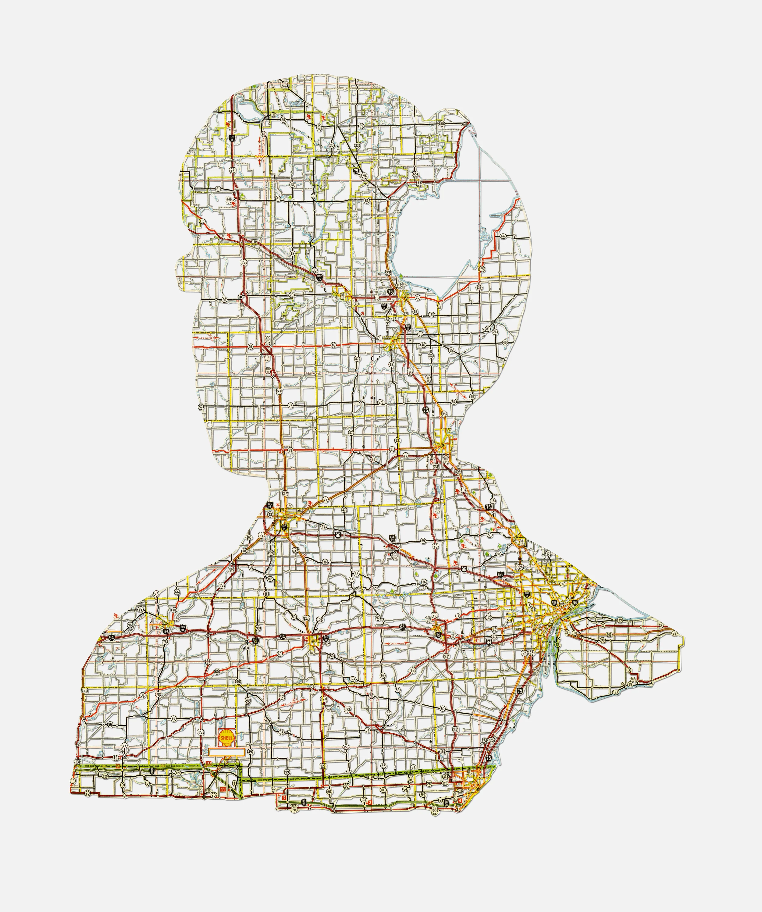 Tim: Detroit, MI , 20X16", Hand-cut road map, 2013