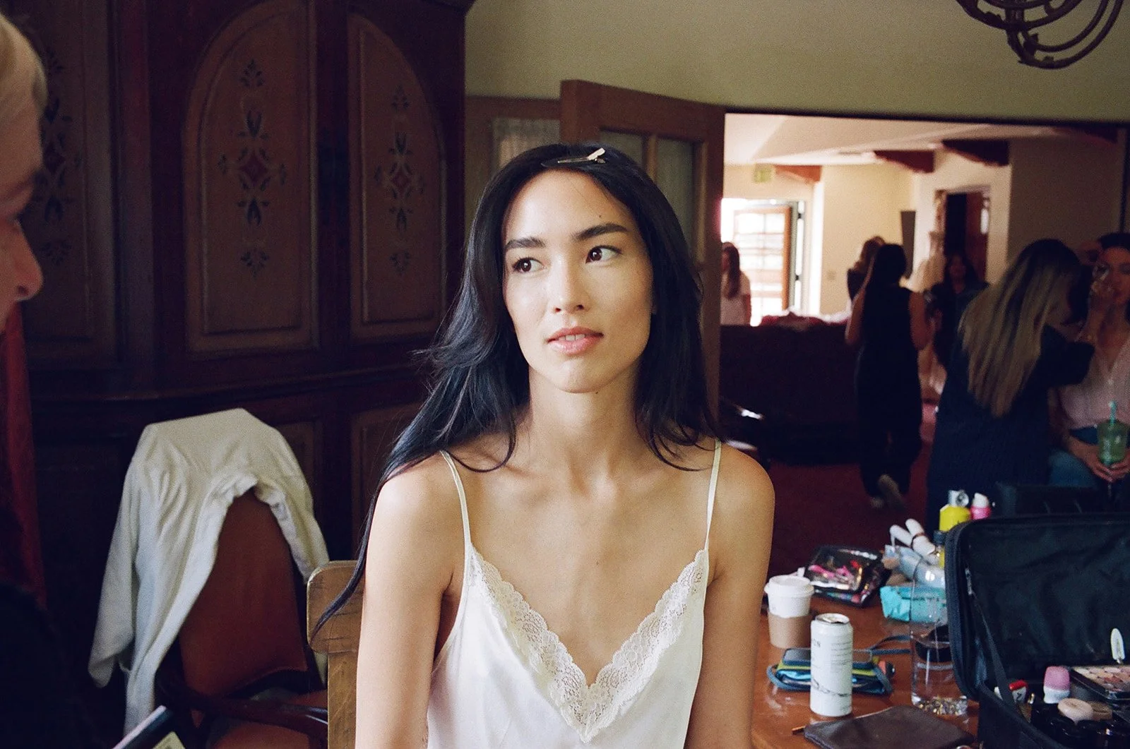 A bride gets ready at the Langham Hotel in LA, California.