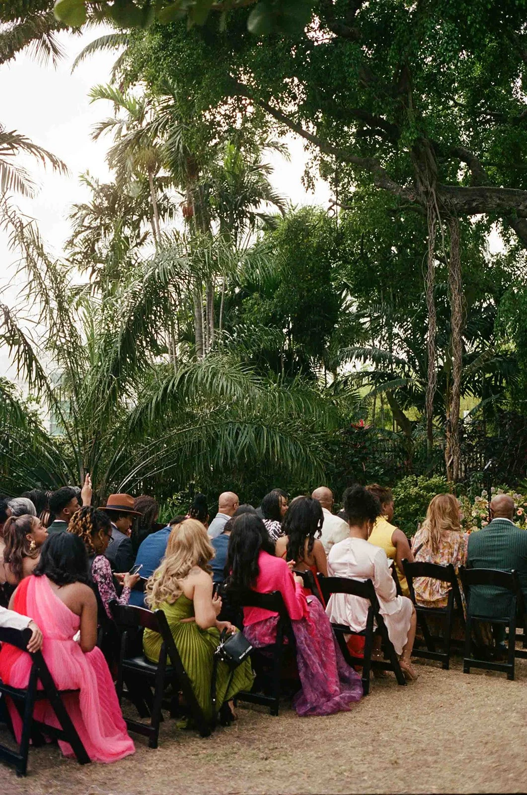 Wedding guests watch ceremony at Miami Botanical Gardens in Florida.