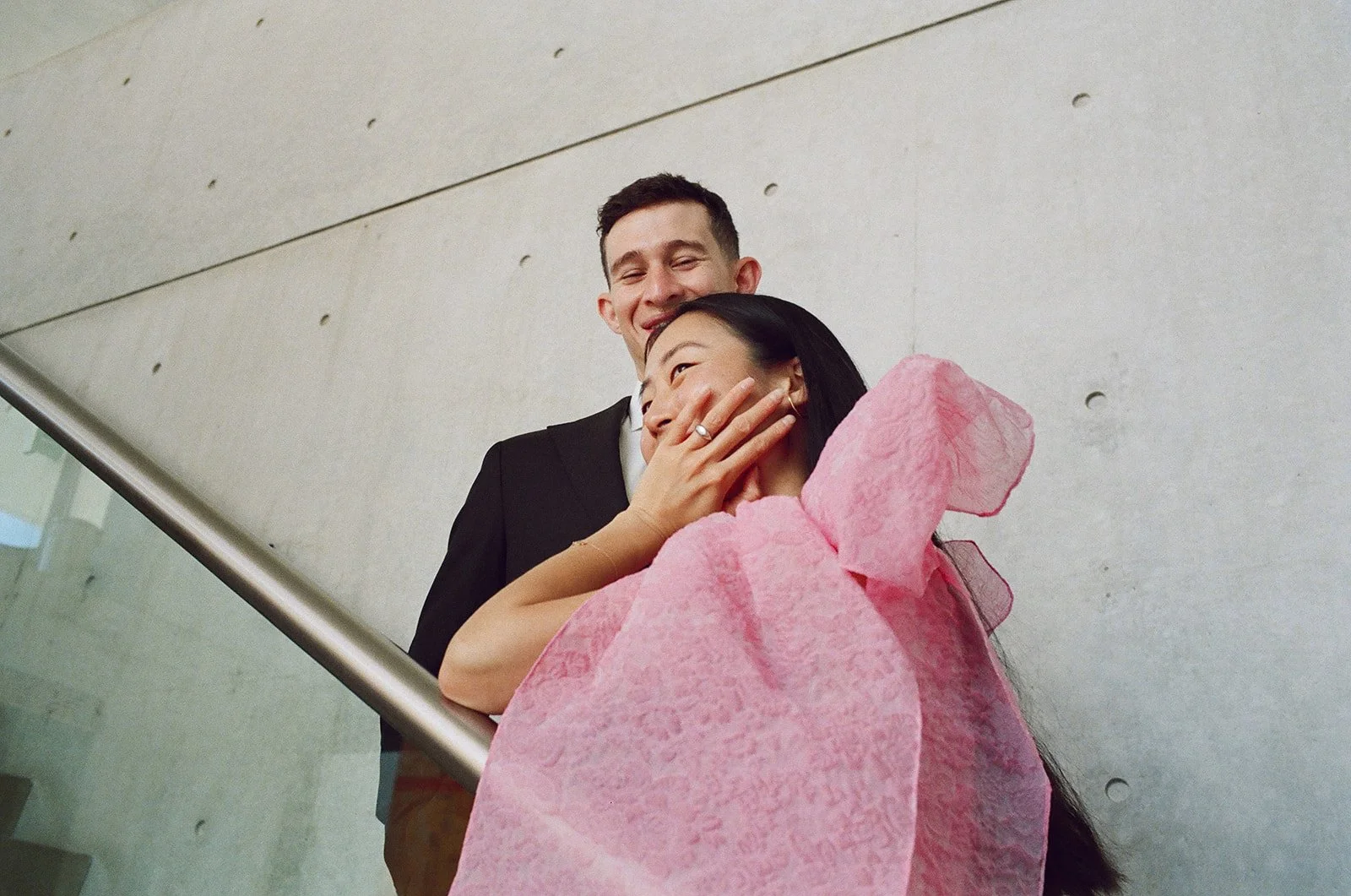 Engaged couple from California get their engagement photos taken on film at the Pulitzer Arts Foundation in St. Louis, Missouri.