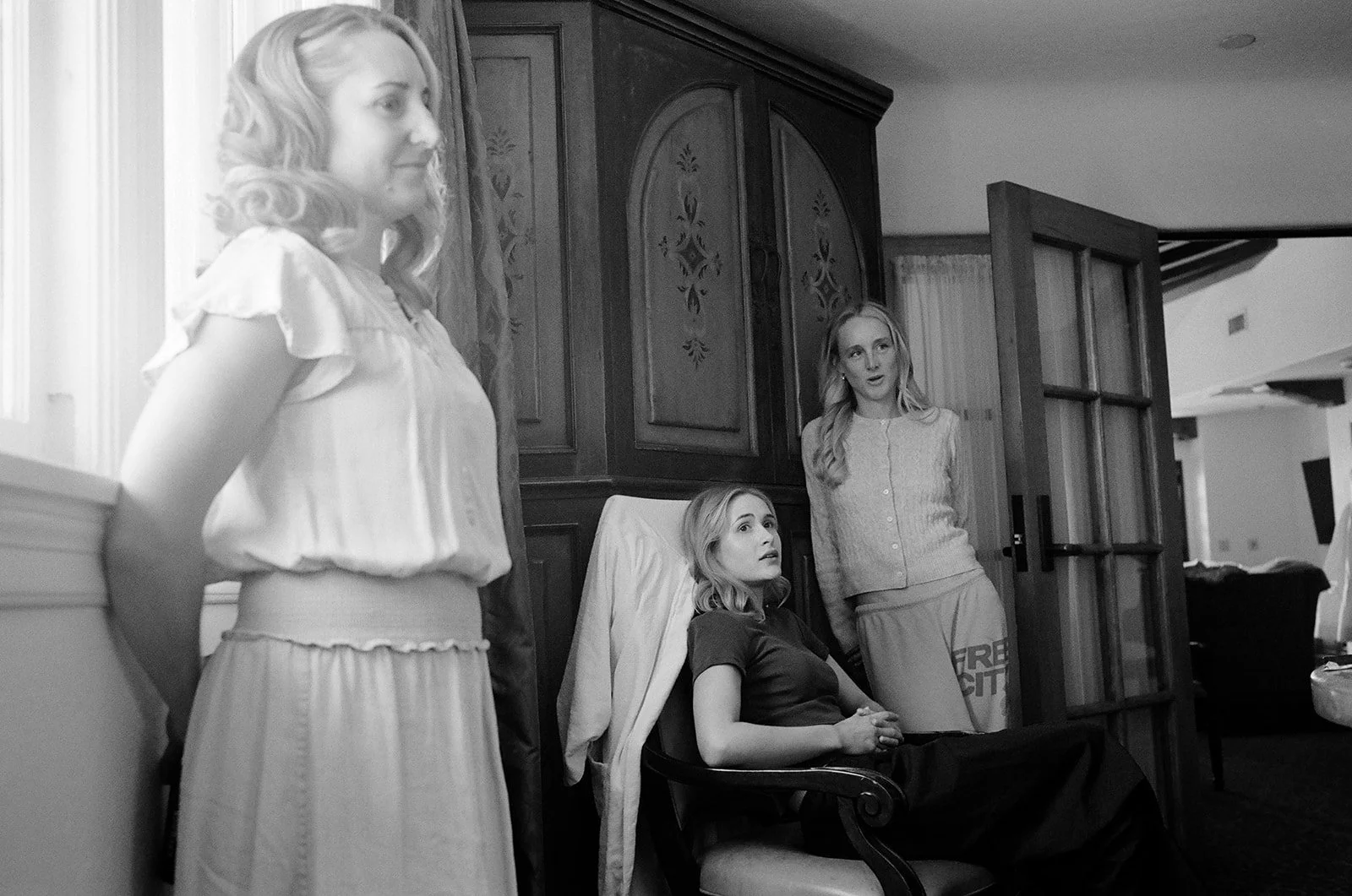 A bride and friends get ready at the Langham Hotel in LA, California.