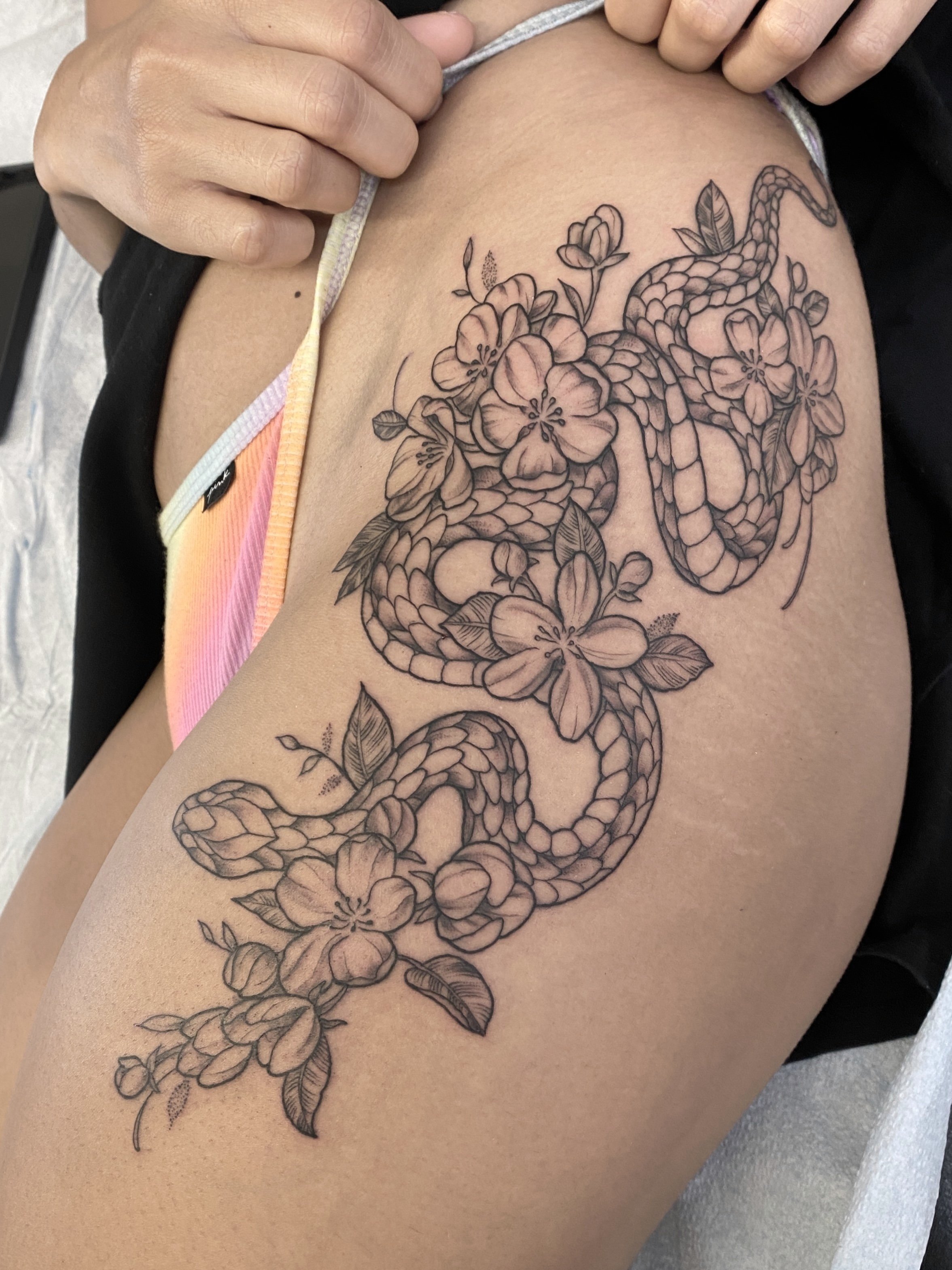 Snake & Apple Blossoms Hip Tattoo