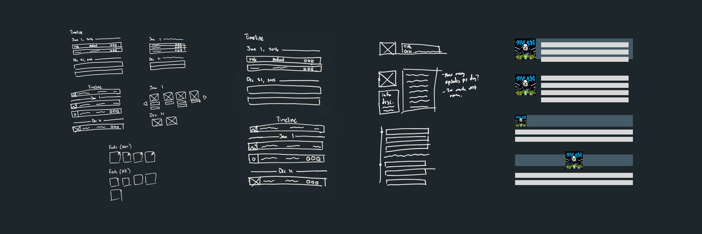 Exploration of UI for handling multiple individual episodes from a given podcast on the timeline, as in some cases, a podcast may include multiple episodes back-to-back.