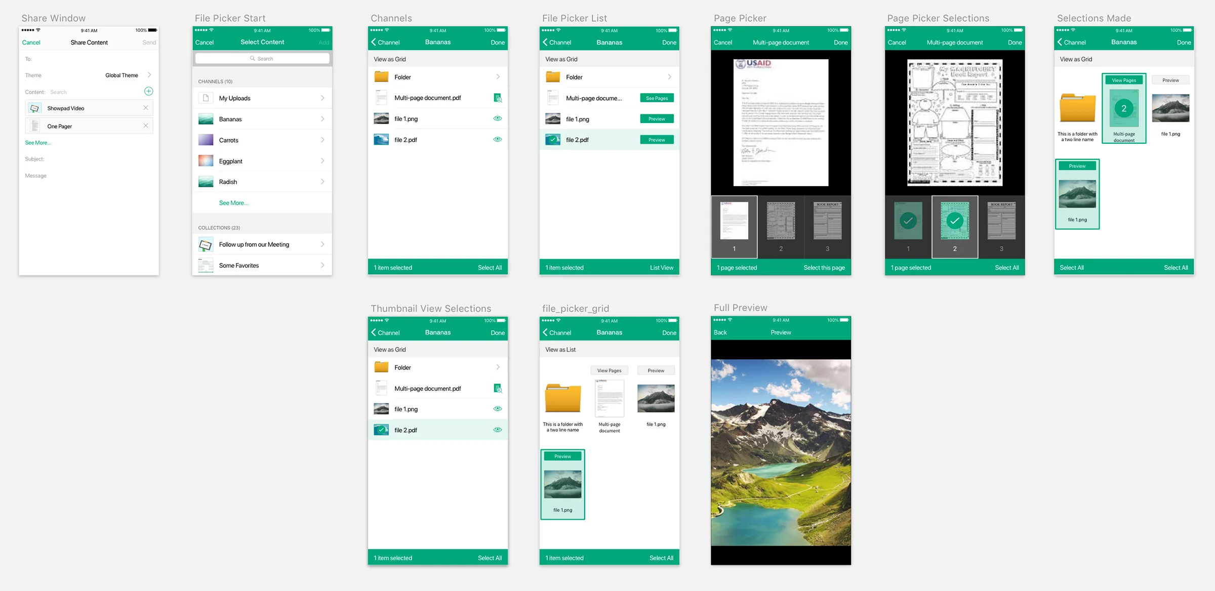 Rough iOS explorations of page picking concepts from our three-person simultaneous design sprint challenges (I really don't like those green preview buttons)