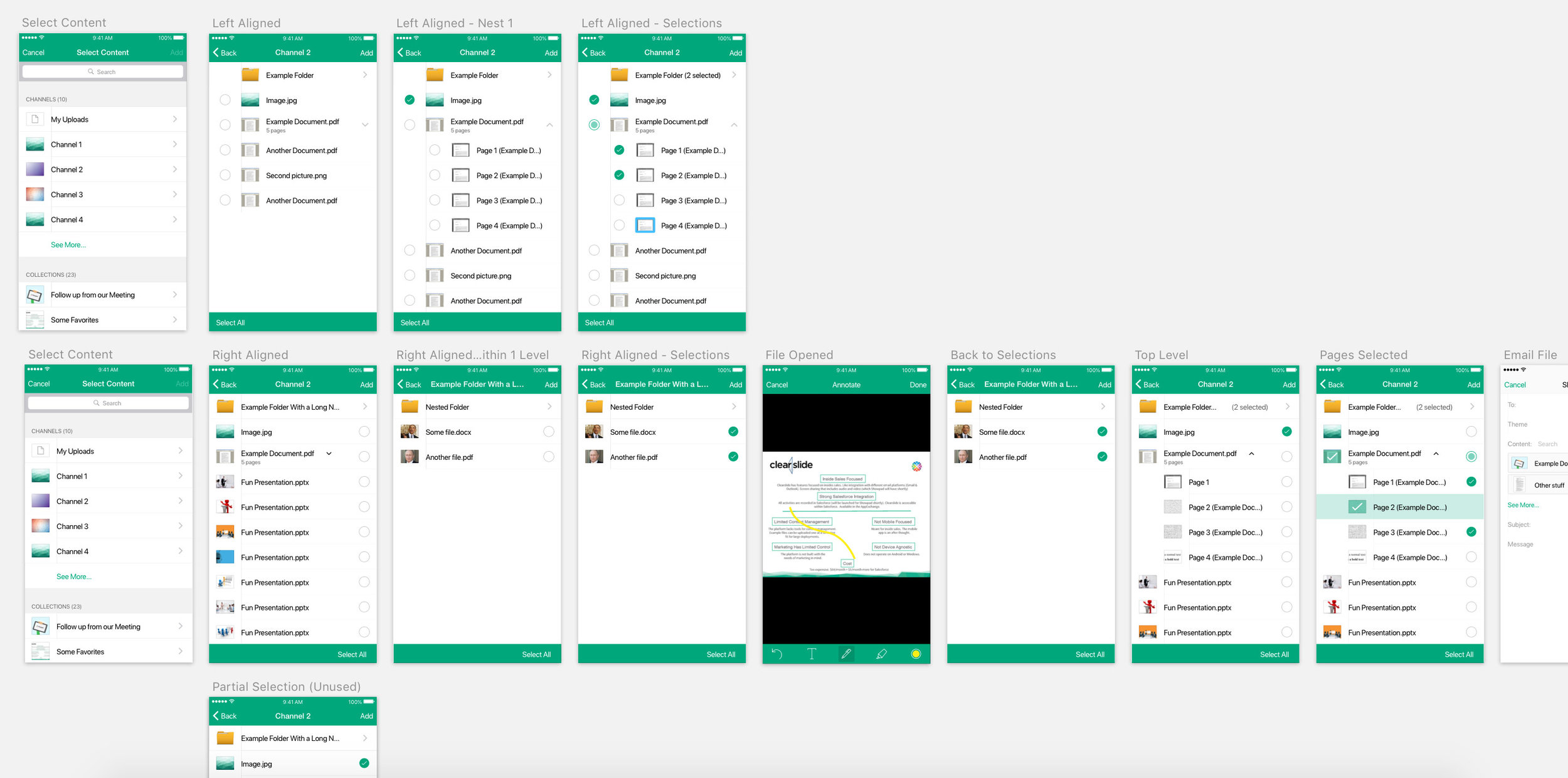 Comparing concepts of visible nesting on iOS for page picking. One of the difficulties was expressing that documents were essentially treated like directories since users could insert an entire document or just a subset of pages for a presentation.