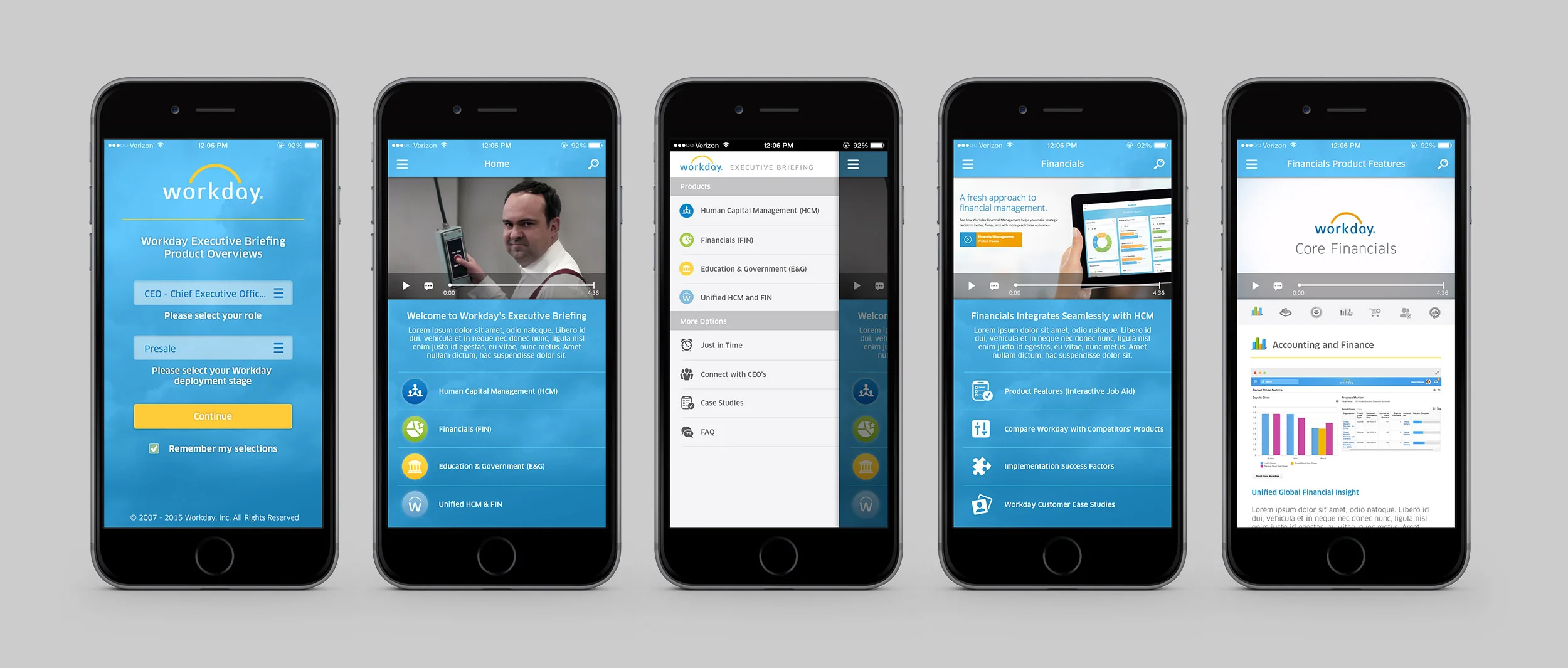By 2015, Workday had not yet unified its brand standards. As such, marketing materials like the two videos on the right drew on the official logo colors of orange and royal blue, while the web and native UX teams followed a modified, brighter palette and even a modified logo mark.