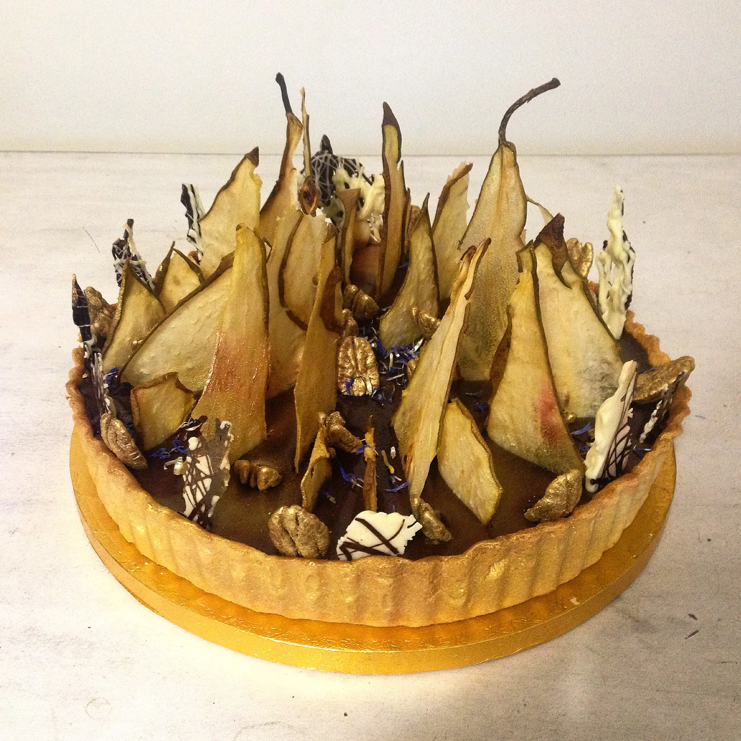 Pear Petal, Golden Pecan, Cornflower & Chocolate Ganache Tart