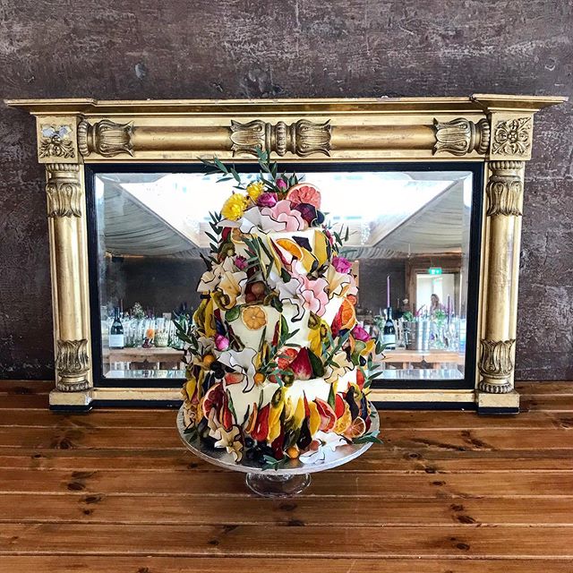Summer Meadow - A vibrant high Summer  rainbow palette of pinks, fuchsia, sunflower, cornflower blue, violet, orange &amp; foliage greens.  Decorated in a medley of fruity petals, touches of fresh foliage and edible origami blooms.  This design was c