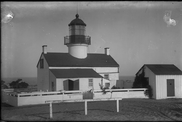 Close-up of whitewashed Point Pinos Lighthouse.
