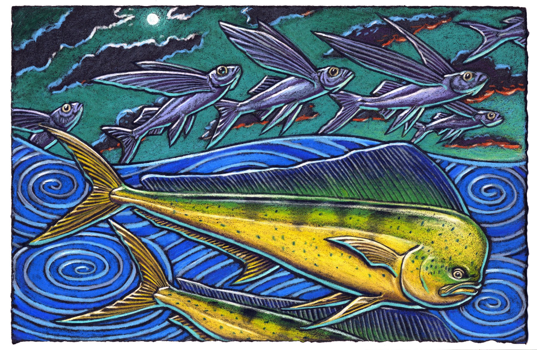 The Mahi Mahi is the fish for me Rocketing about the deep blue sea Flying fish in the air Had better take care So into the sky they do flee.