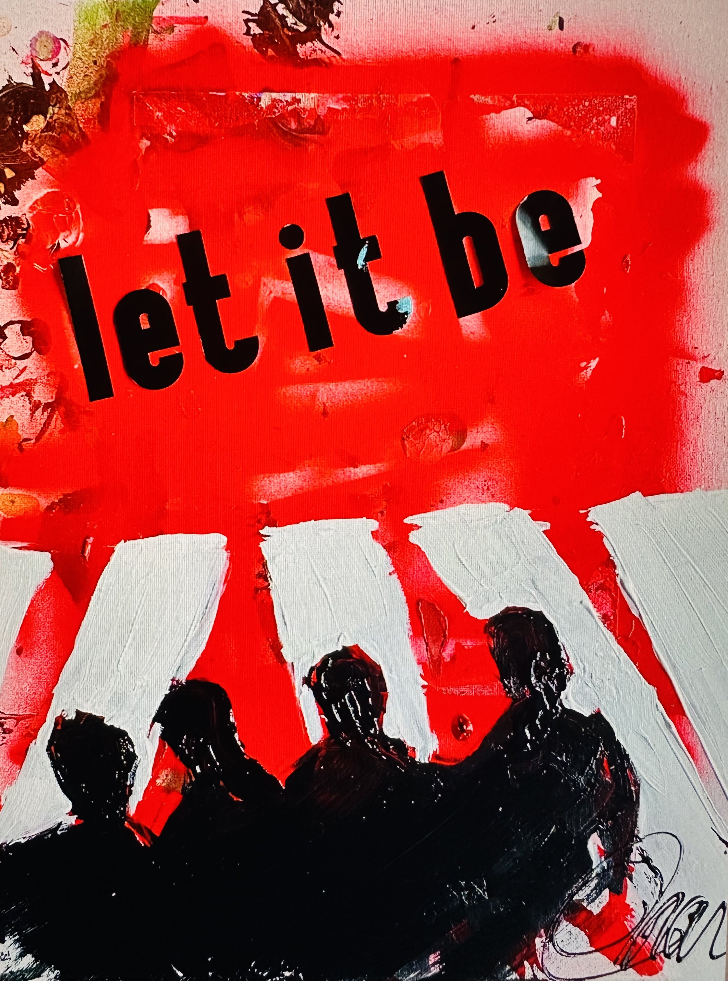 A painting of a silhouette of the Beatles with a red background, created with bold brushstrokes.