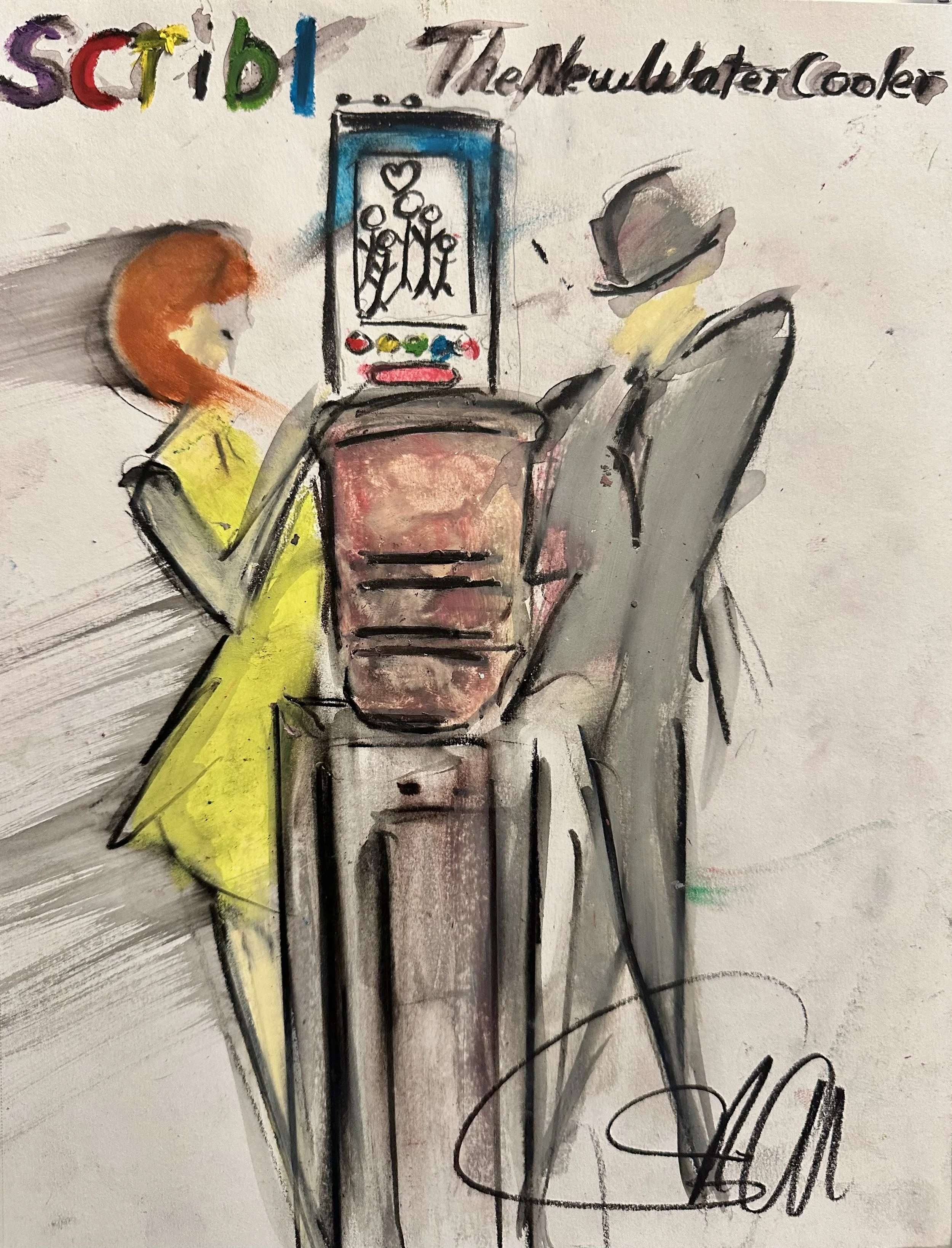 Drawing of people at a water cooler with text above saying, "Scribl...The New Water Cooler"