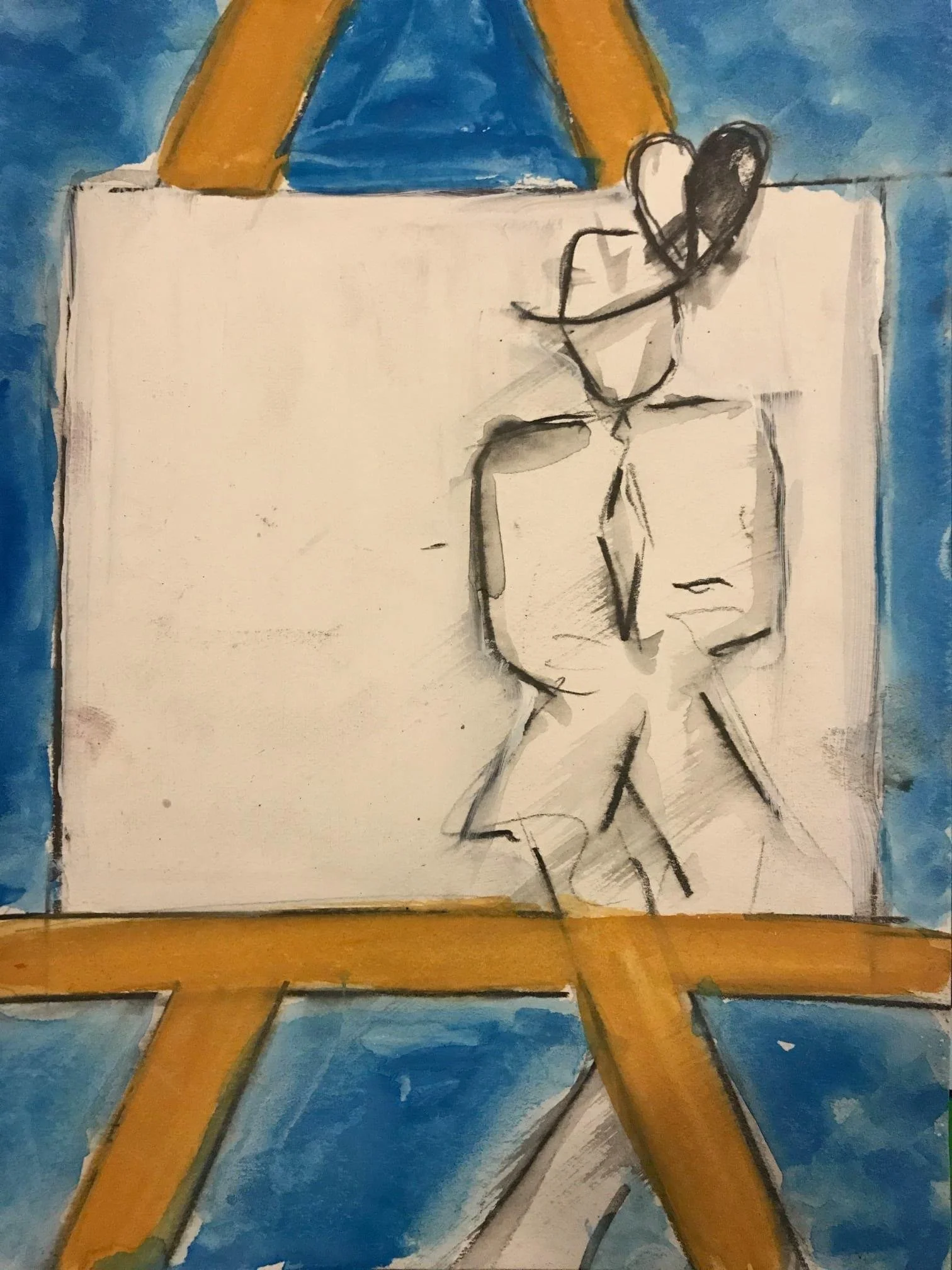 A drawing of a person wearing a blue shirt and orange pants, holding a heart-shaped object. The figure is standing against a textured blue background.