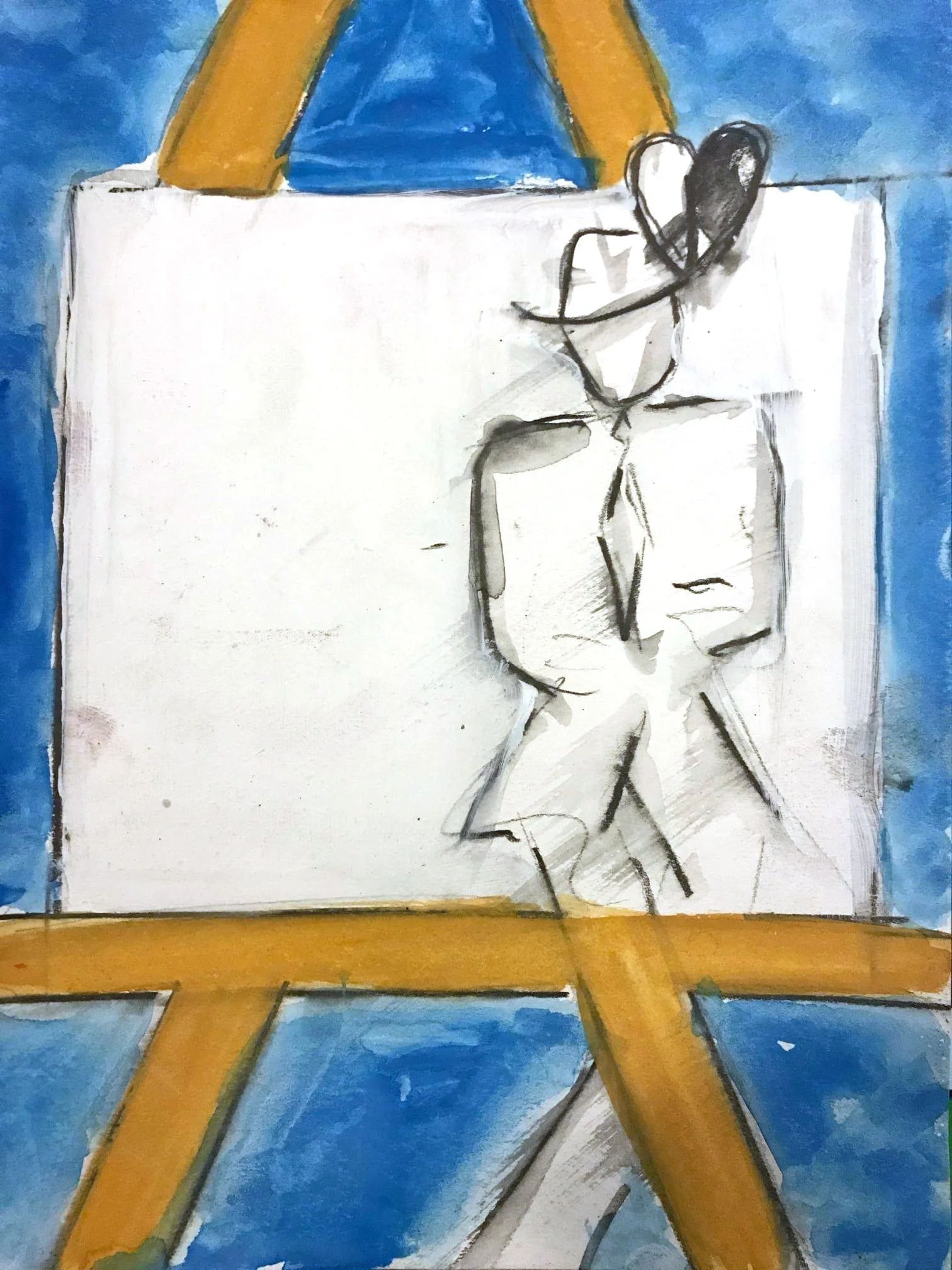 Colorful abstract painting featuring a large yellow easel with a blank canvas sitting on it, set against a blue background.