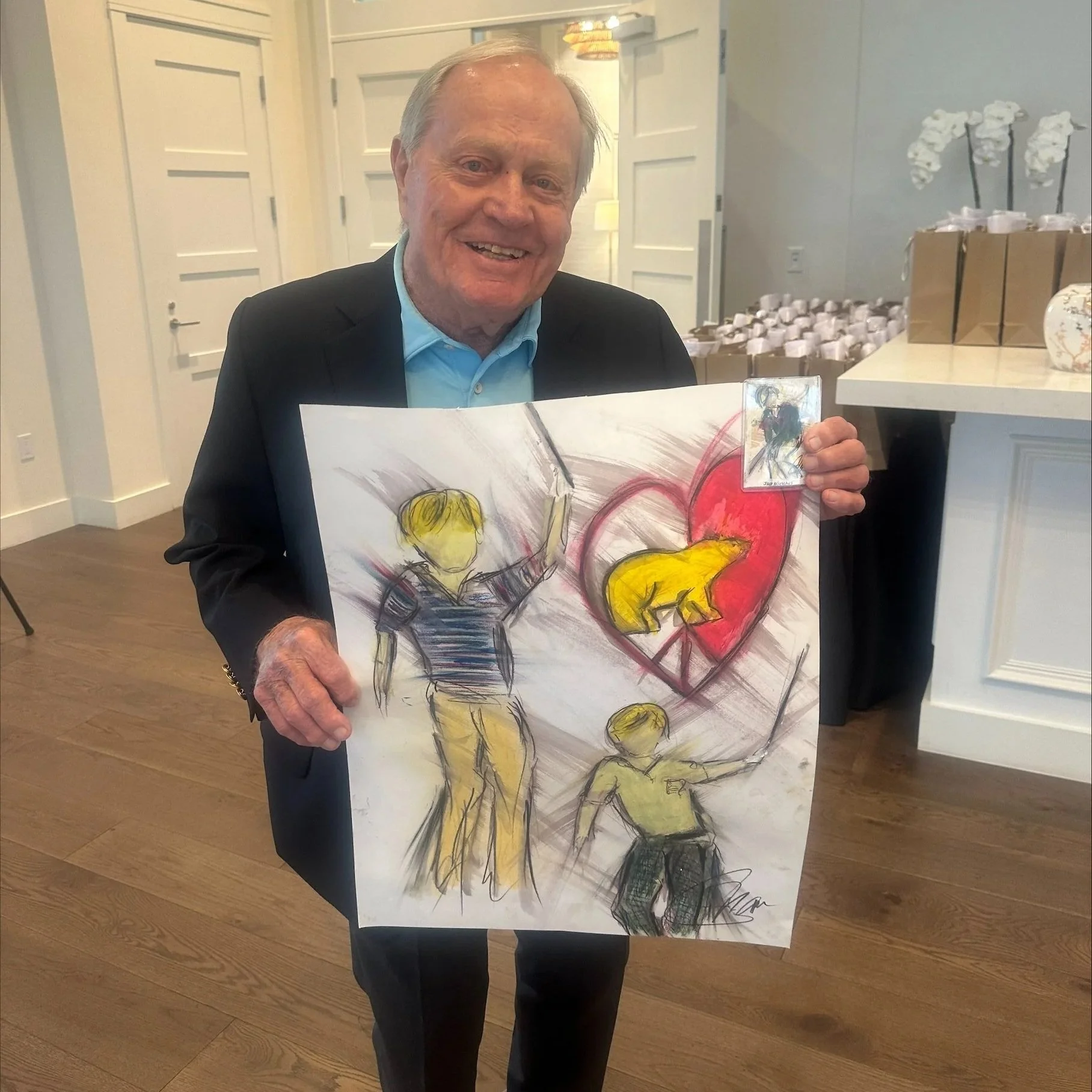 Jack Nicklaus, all-time golf great, with art gifted to him following my keynote at The Nicklaus Childrens Hospital Annual Event