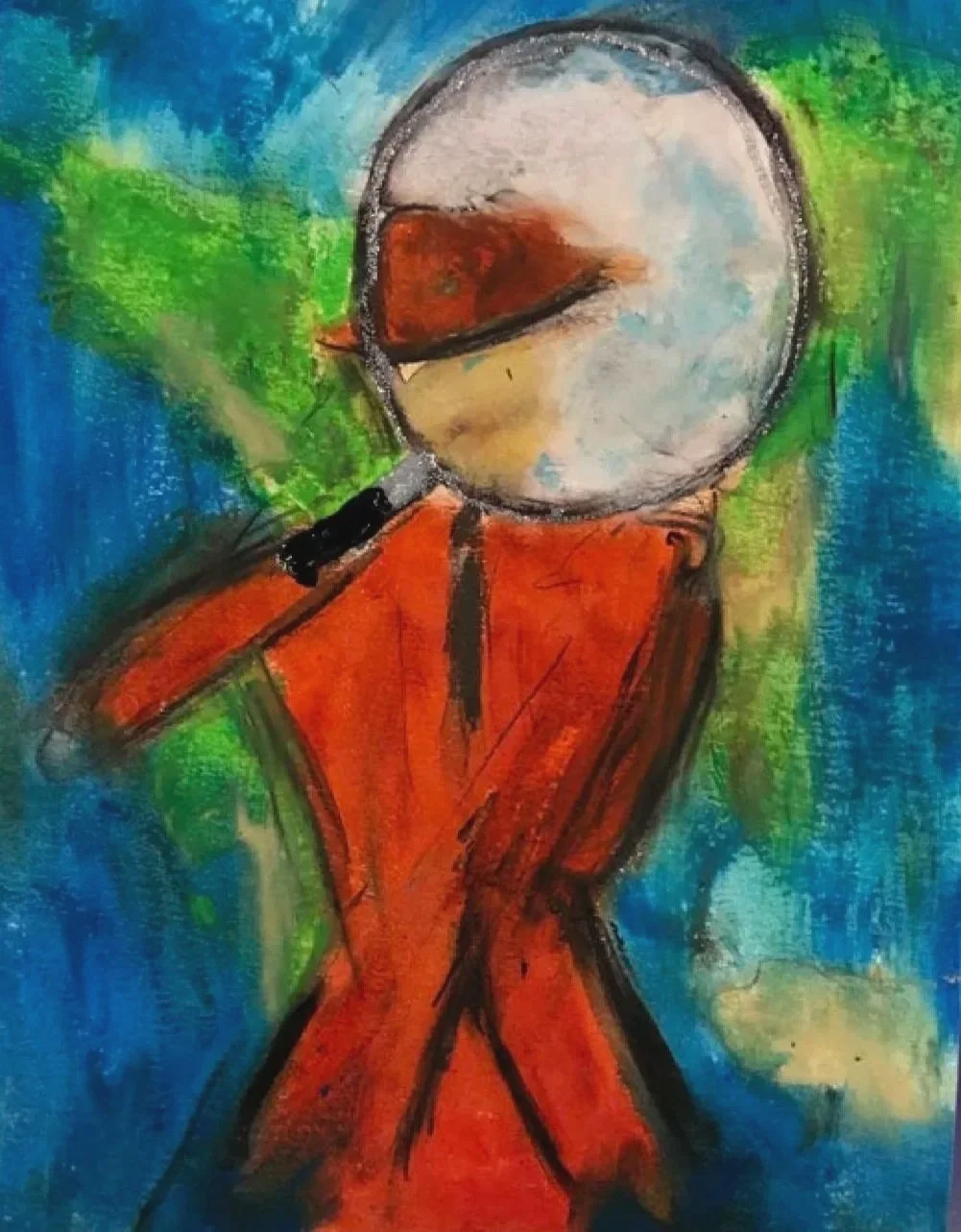 Abstract watercolor painting of a person with a large circular magnifying glass, wearing an orange outfit, with a green and blue background representing the globe. Painting is called, 'Big Problems, Big Opportunities.'
