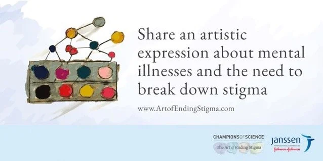 Artwork with colorful abstract shapes connected by lines, alongside text that says, ' Share an artistic expression about mental illnesses and the need to break down stigma.'