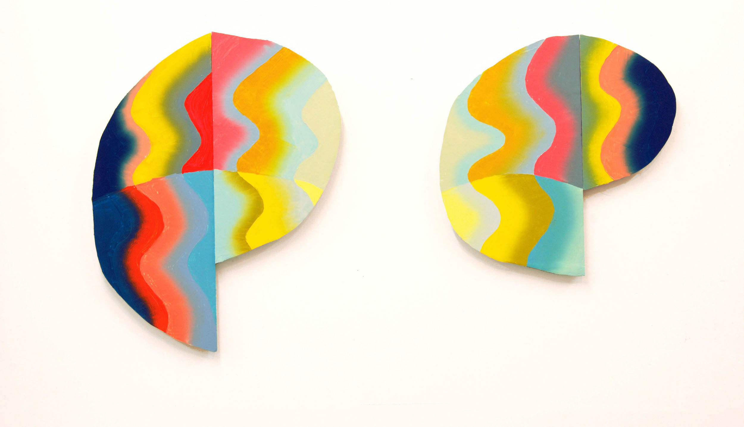   &nbsp; &nbsp; &nbsp; &nbsp; &nbsp; &nbsp; &nbsp; visual fry, diptych, oil on shaped panels, 26" x 20" (L), 20" x 20" (R), 2014.  
