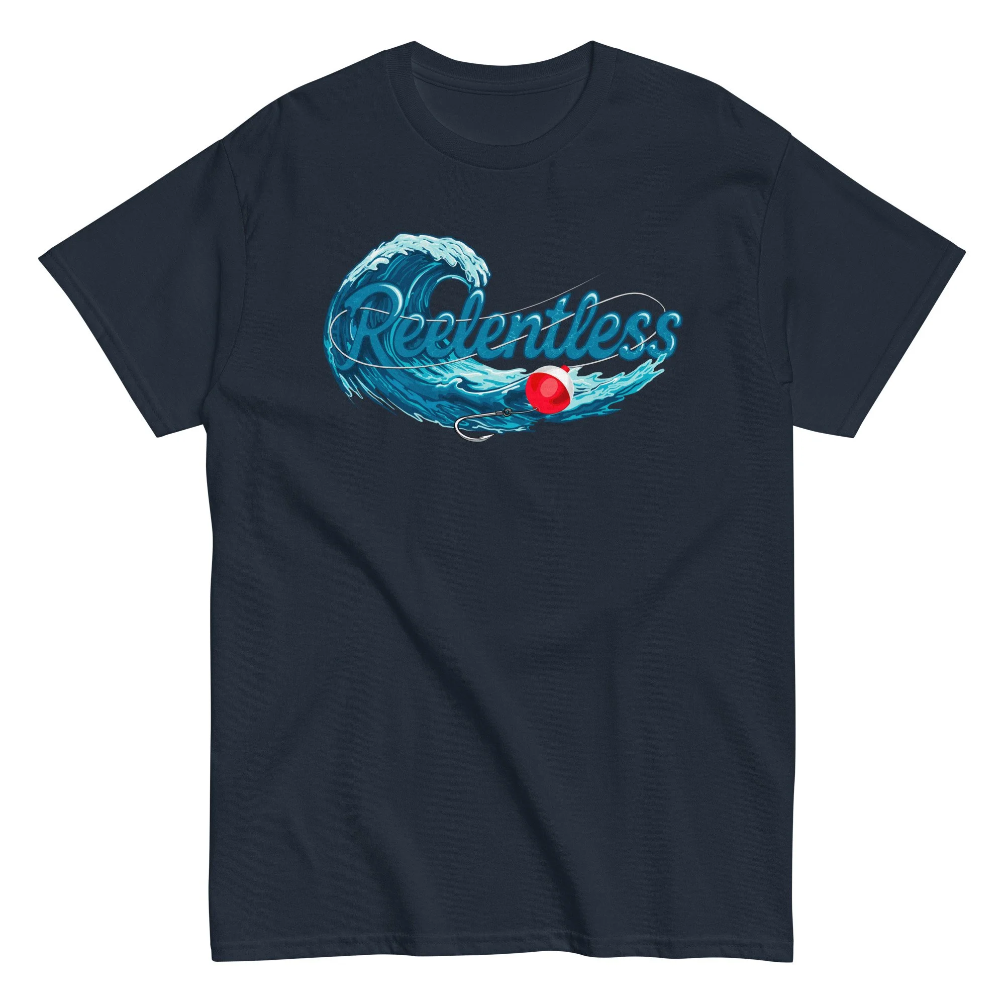 Reelentless fishing wave illustration on a unisex cotton t-shirt by artist Linc Jolly