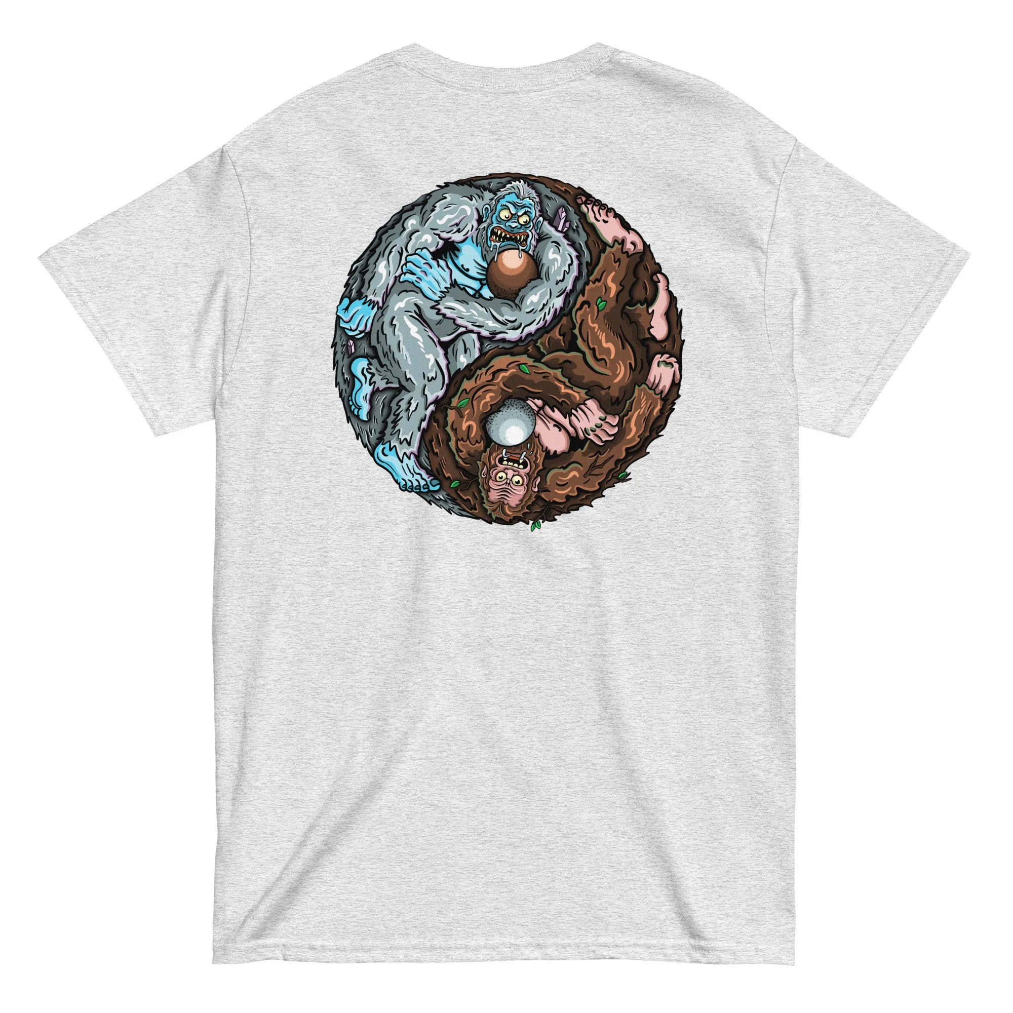 Hand-drawn yin and yang balance symbol design on a unisex cotton t-shirt by artist Linc Jolly