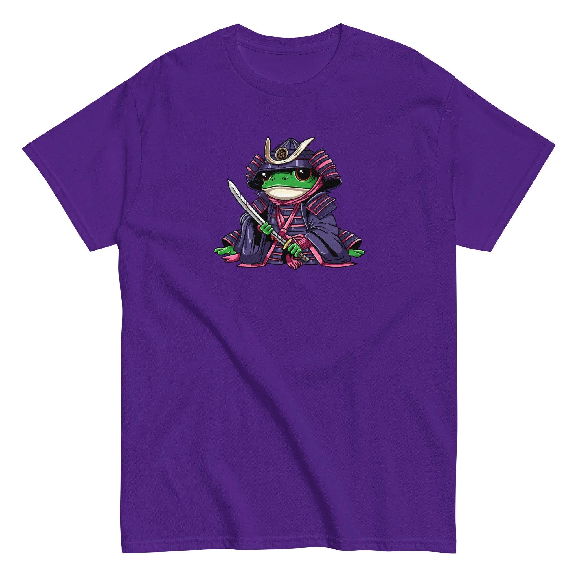 Frogmotto samurai frog illustration on a unisex cotton t-shirt by artist Linc Jolly