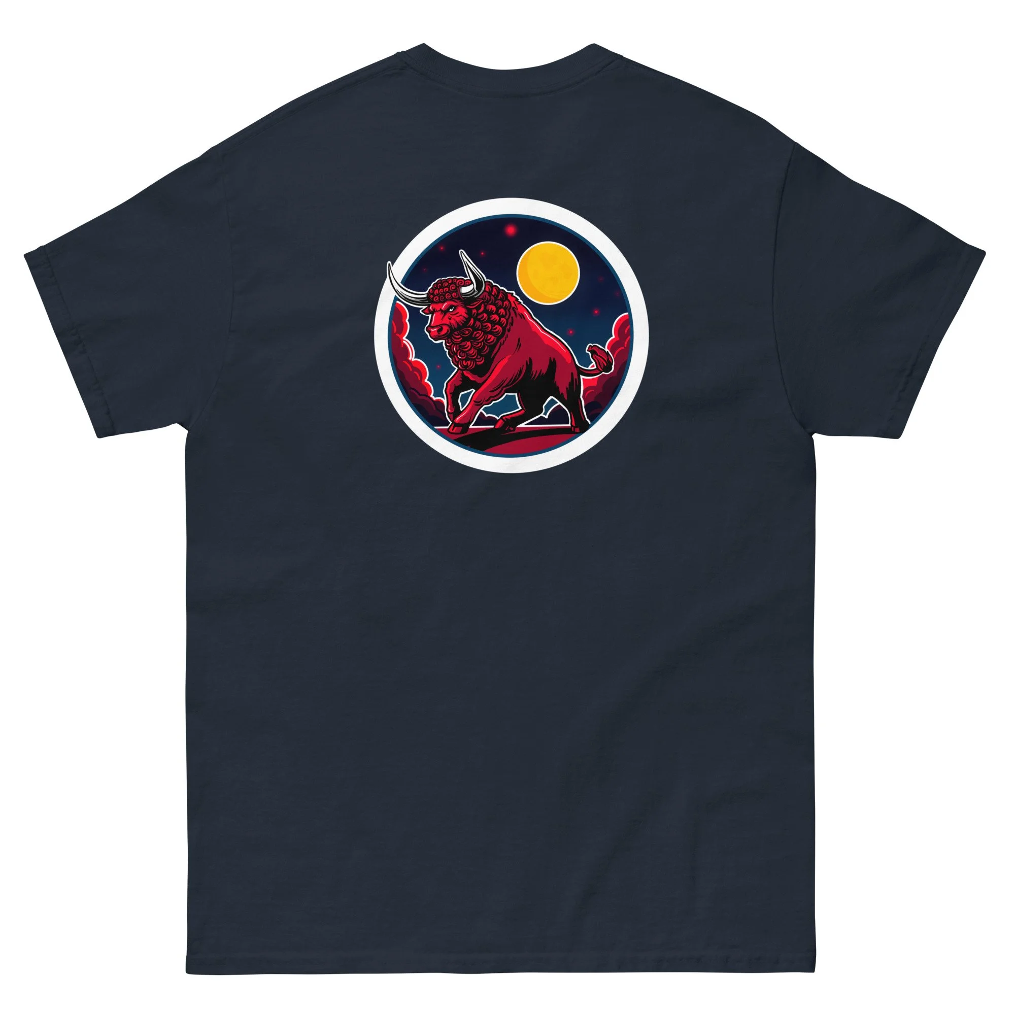 Rojo Bull red cow illustration on a unisex cotton t-shirt by artist Linc Jolly