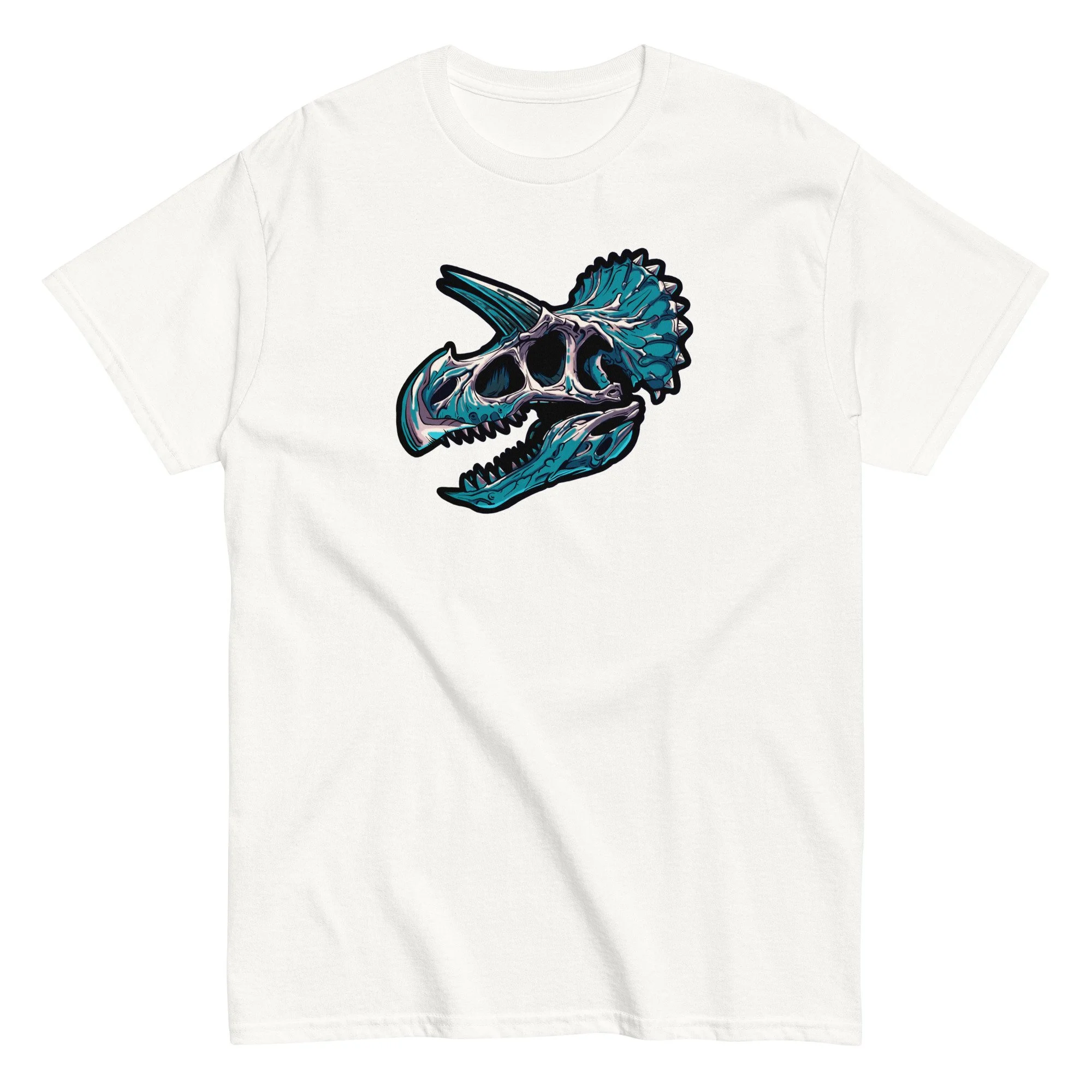 Triceratops dinosaur illustration on a unisex cotton t-shirt by artist Linc Jolly