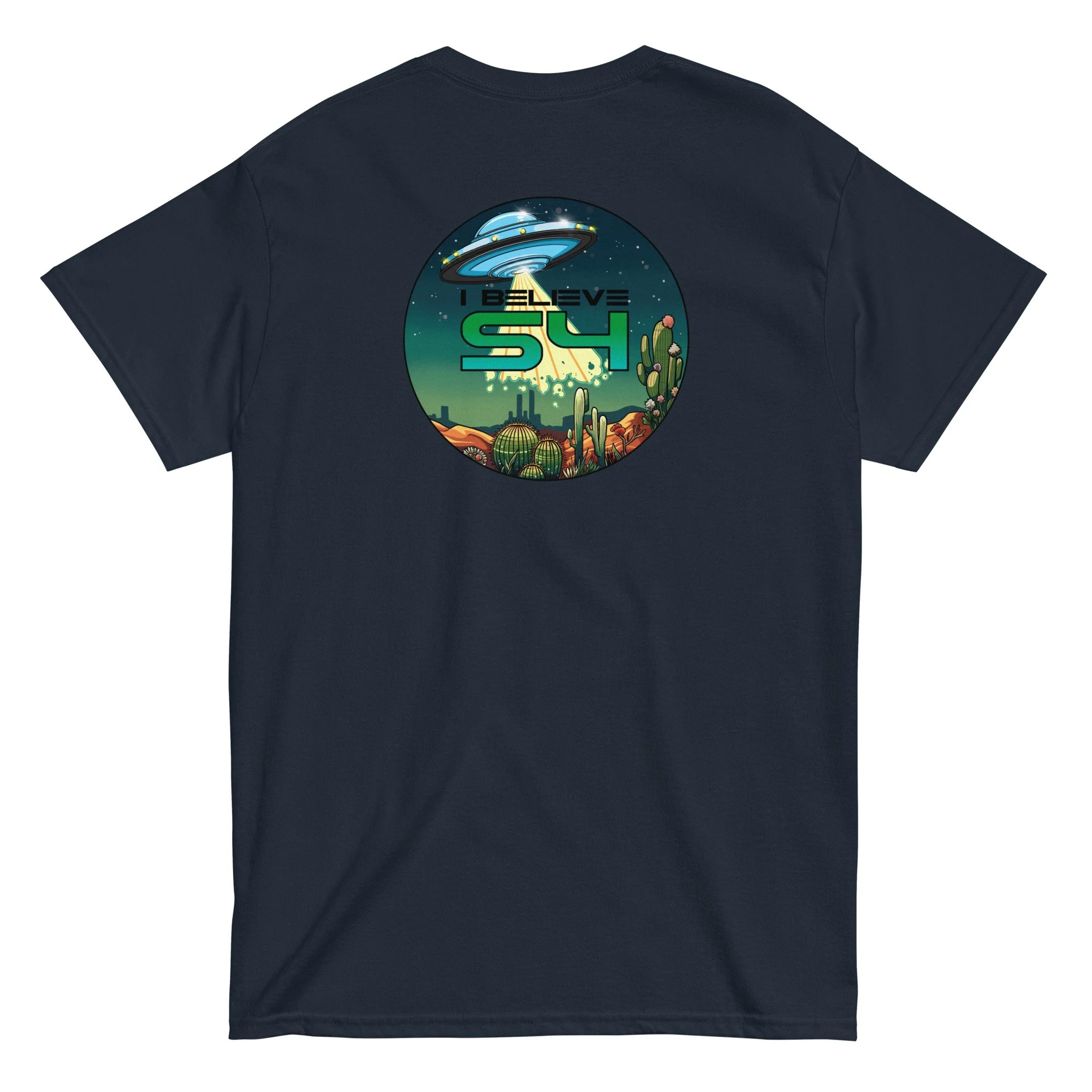 S4 UFO flying saucer illustration on a unisex cotton t-shirt by artist Linc Jolly