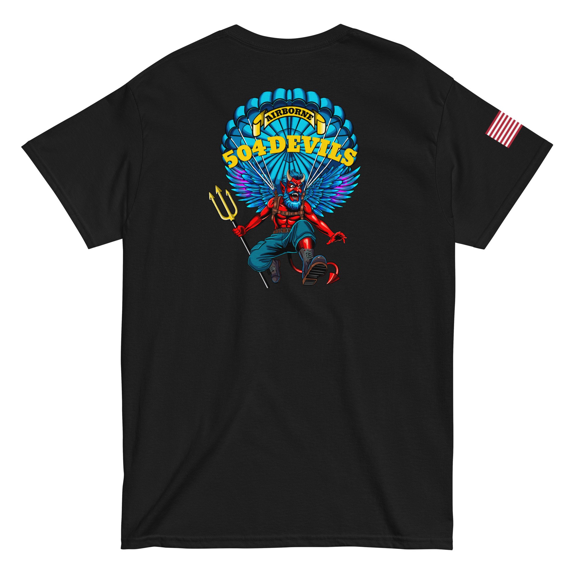 Red Devil paratrooper design on a unisex cotton t-shirt, 1-504 PIR 82nd Airborne artwork by Linc Jolly