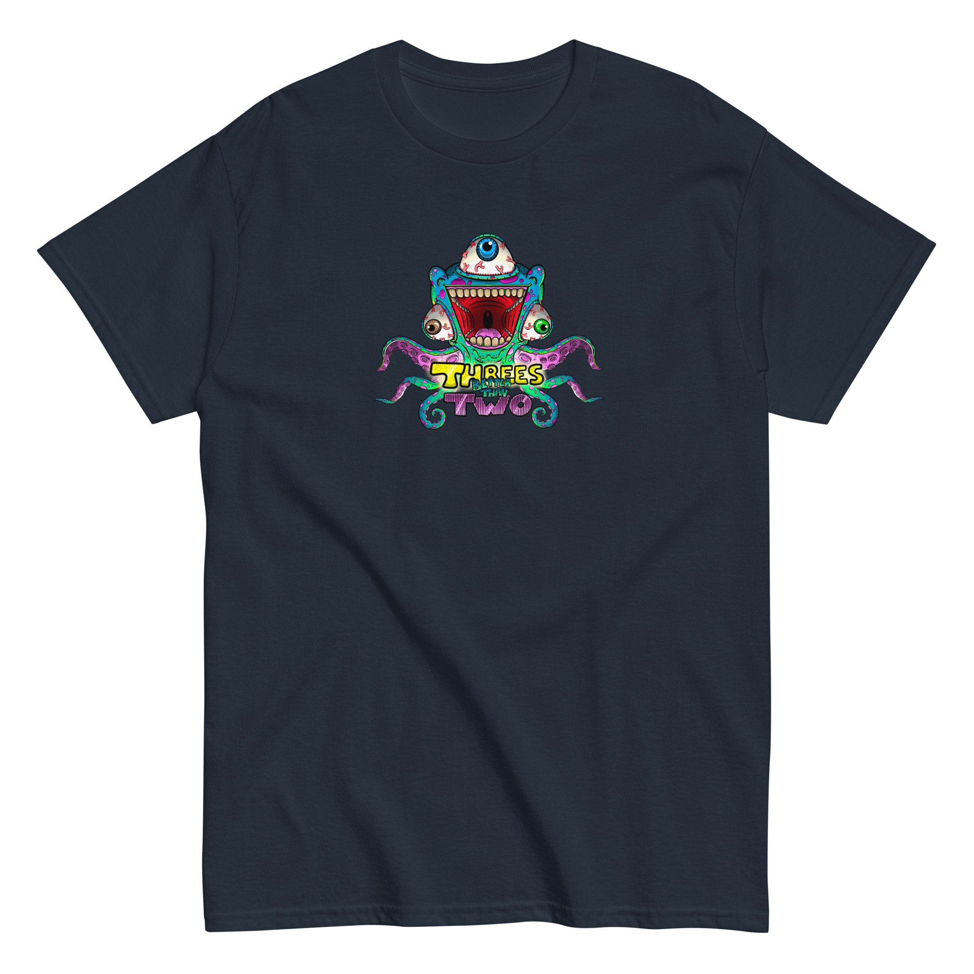 Three's Better Than Two alien monster illustration on a unisex cotton t-shirt by artist Linc Jolly