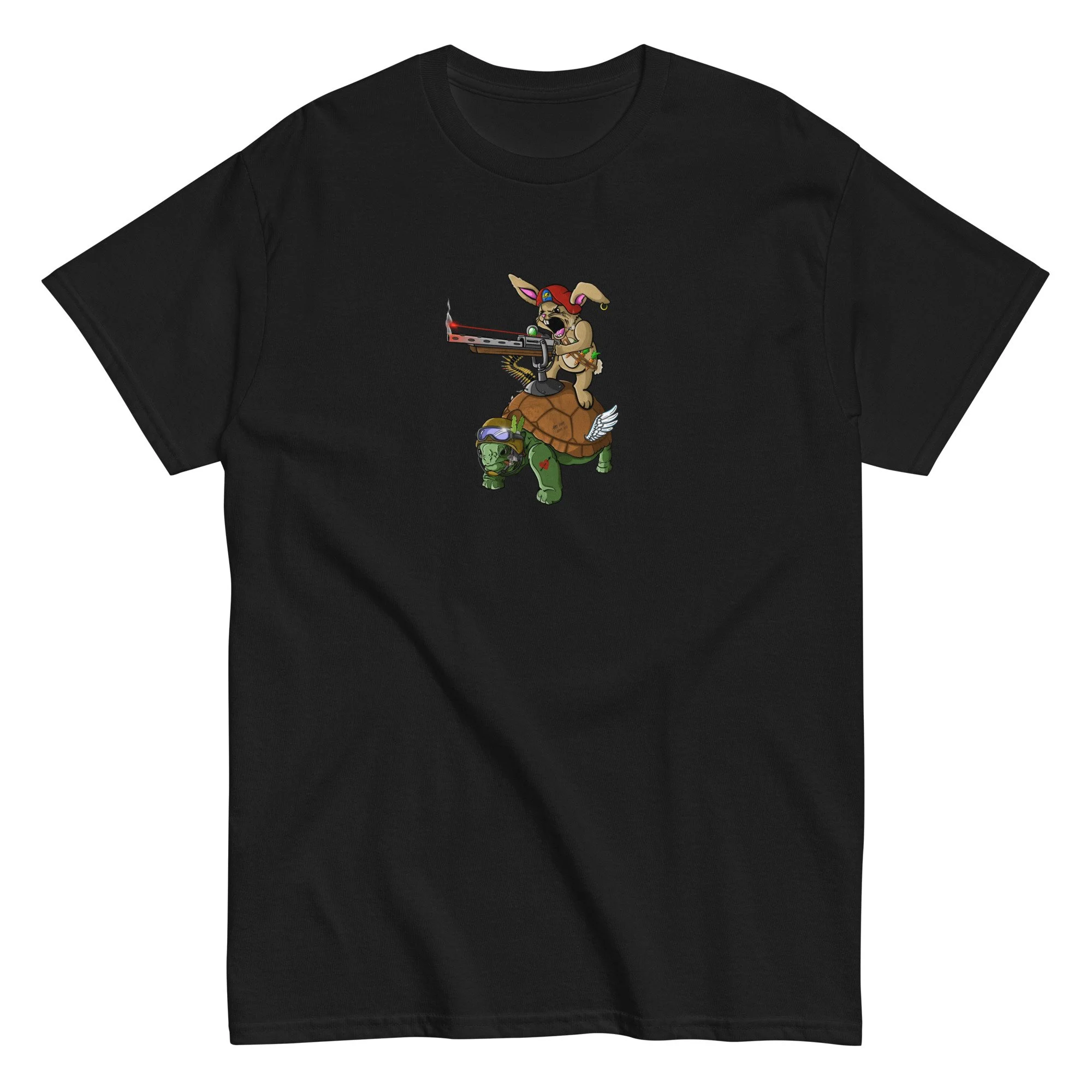 Tortoise and the Hare fable illustration on a unisex cotton t-shirt by artist Linc Jolly