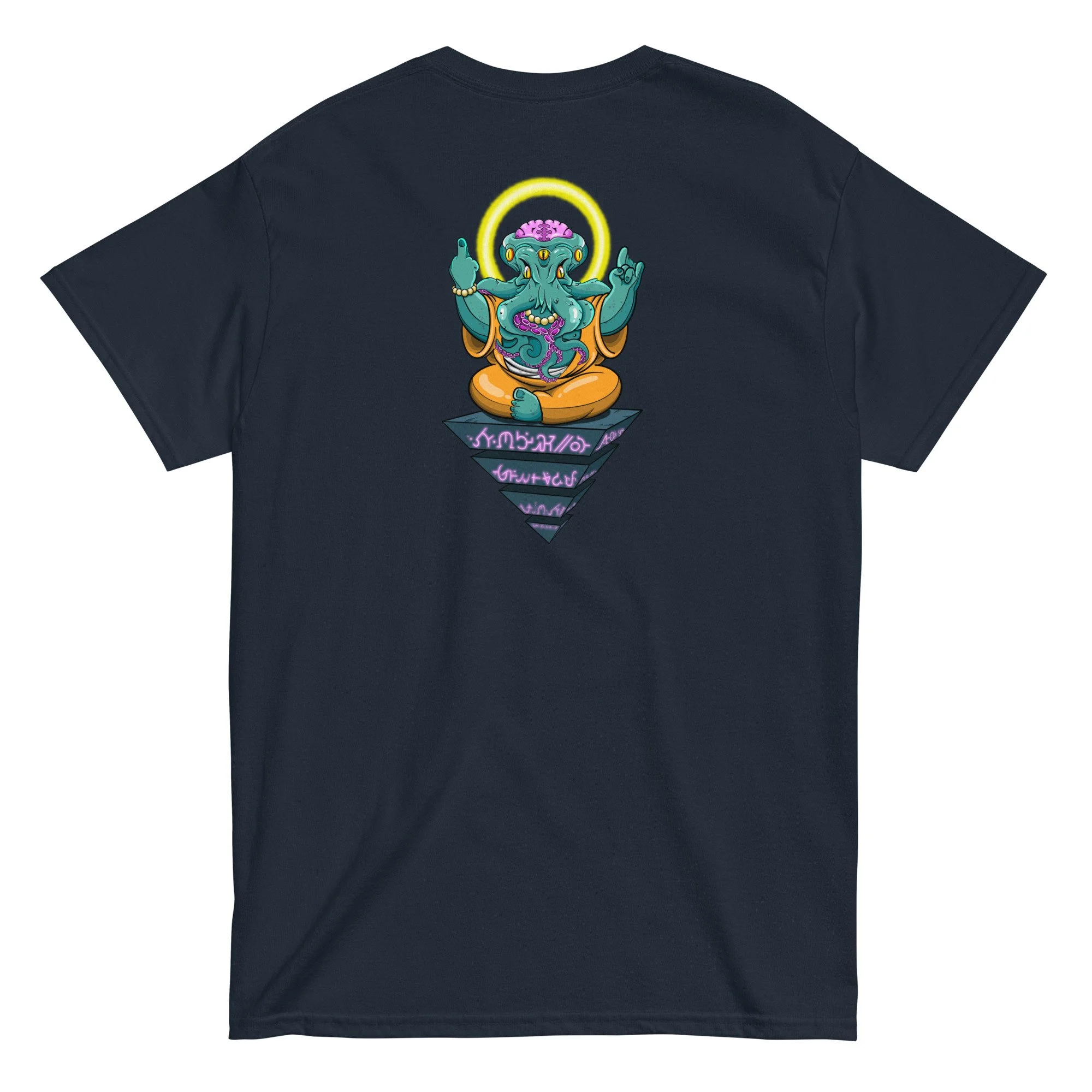 Hand-drawn Cthulhu cosmic horror illustration on a unisex cotton t-shirt by artist Linc Jolly