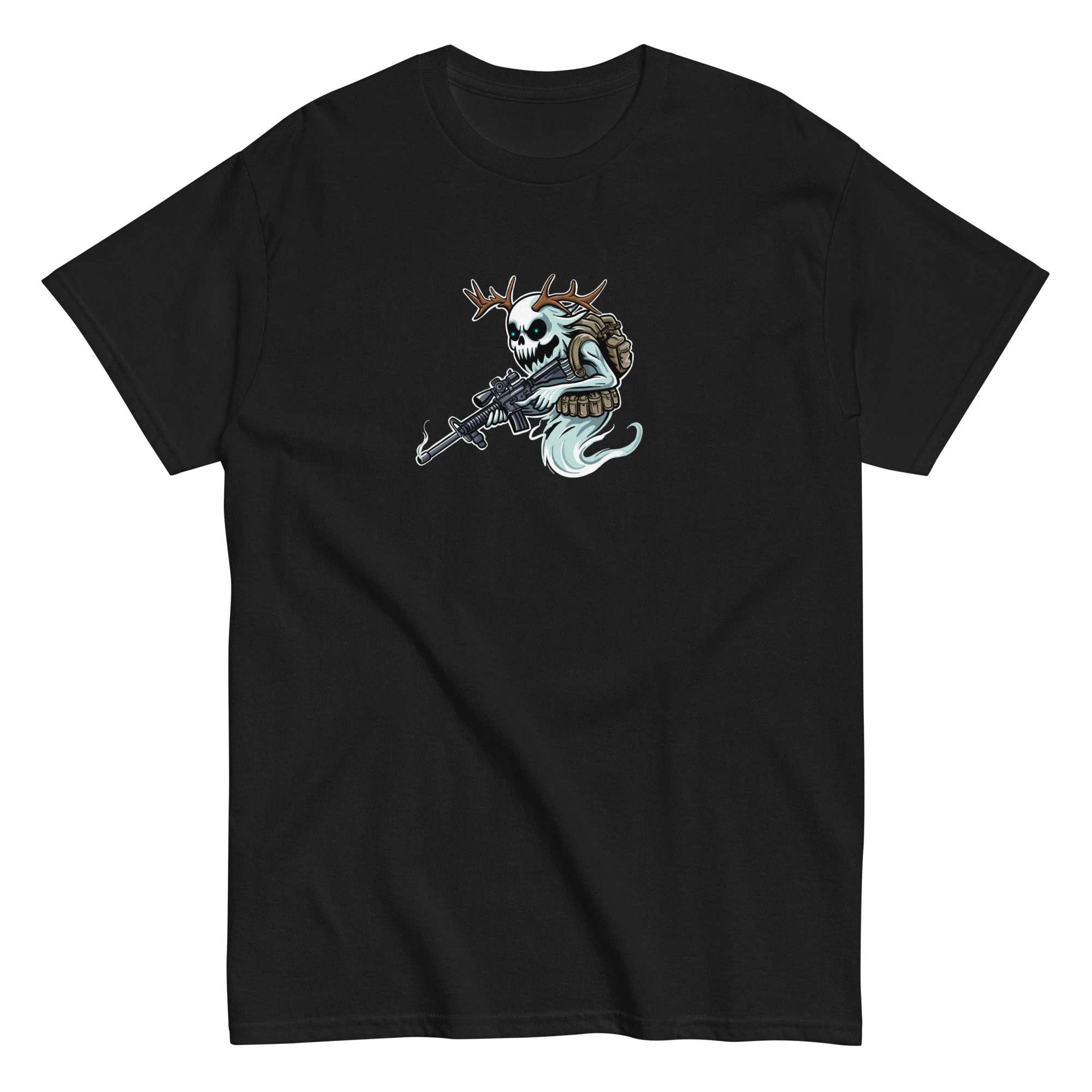 Antlered skull ghost soldier with a rifle on a unisex cotton t-shirt, original art by Linc Jolly