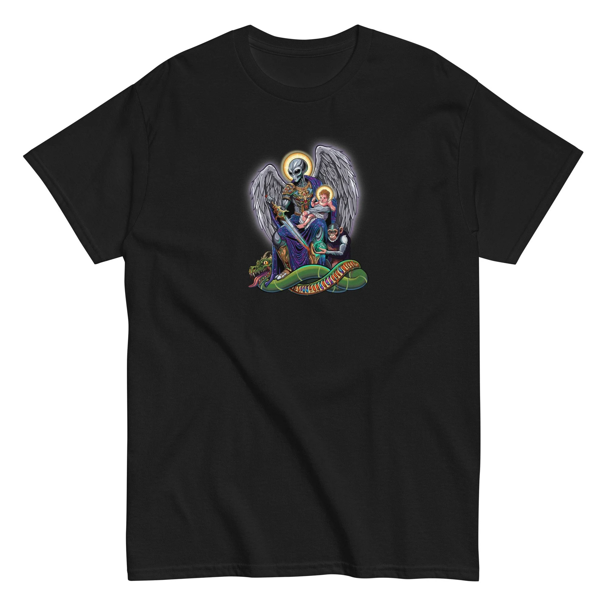 Gene Seed alien angel illustration on a unisex cotton t-shirt by artist Linc Jolly