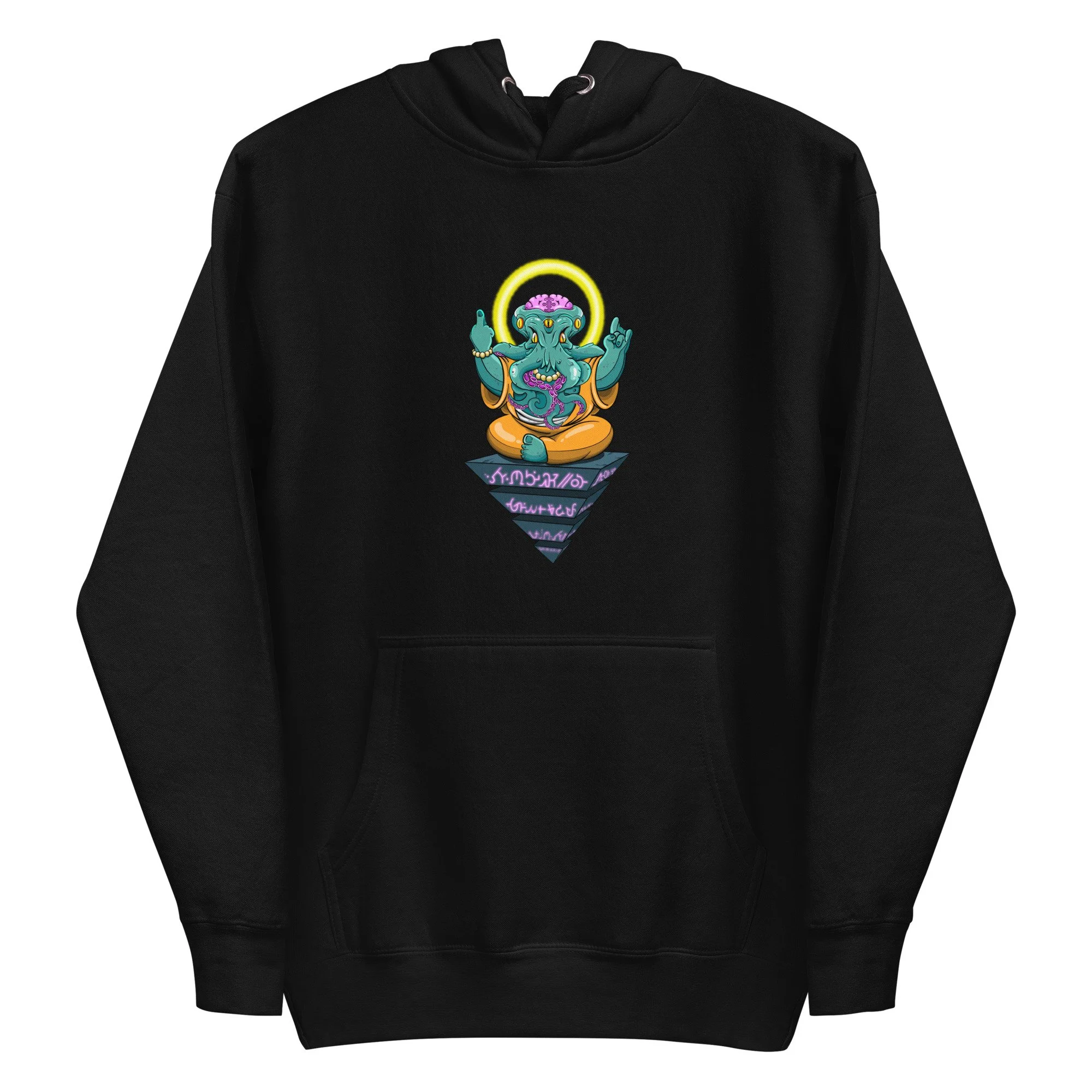 Hand-drawn Cthulhu cosmic horror illustration on a unisex pullover hoodie by artist Linc Jolly