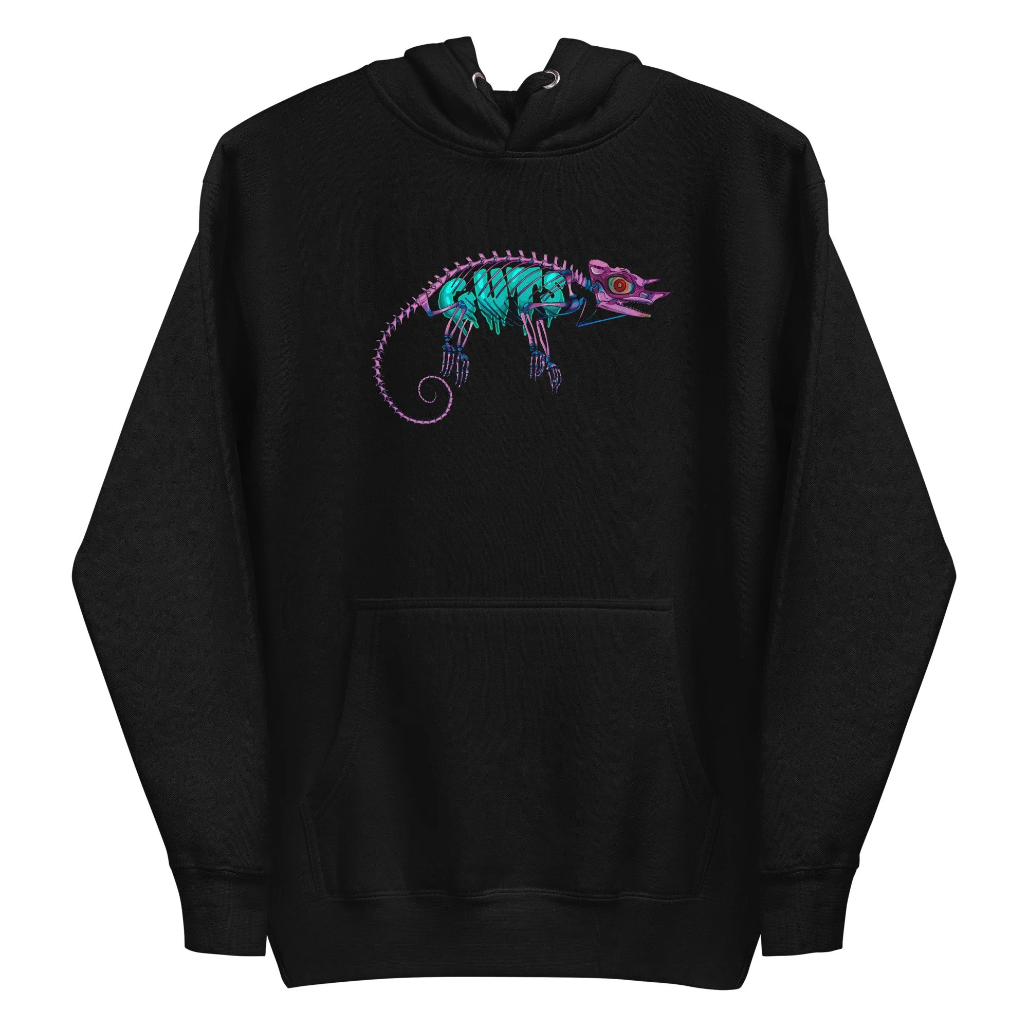 Chameleon anatomical guts illustration on a unisex pullover hoodie by artist Linc Jolly
