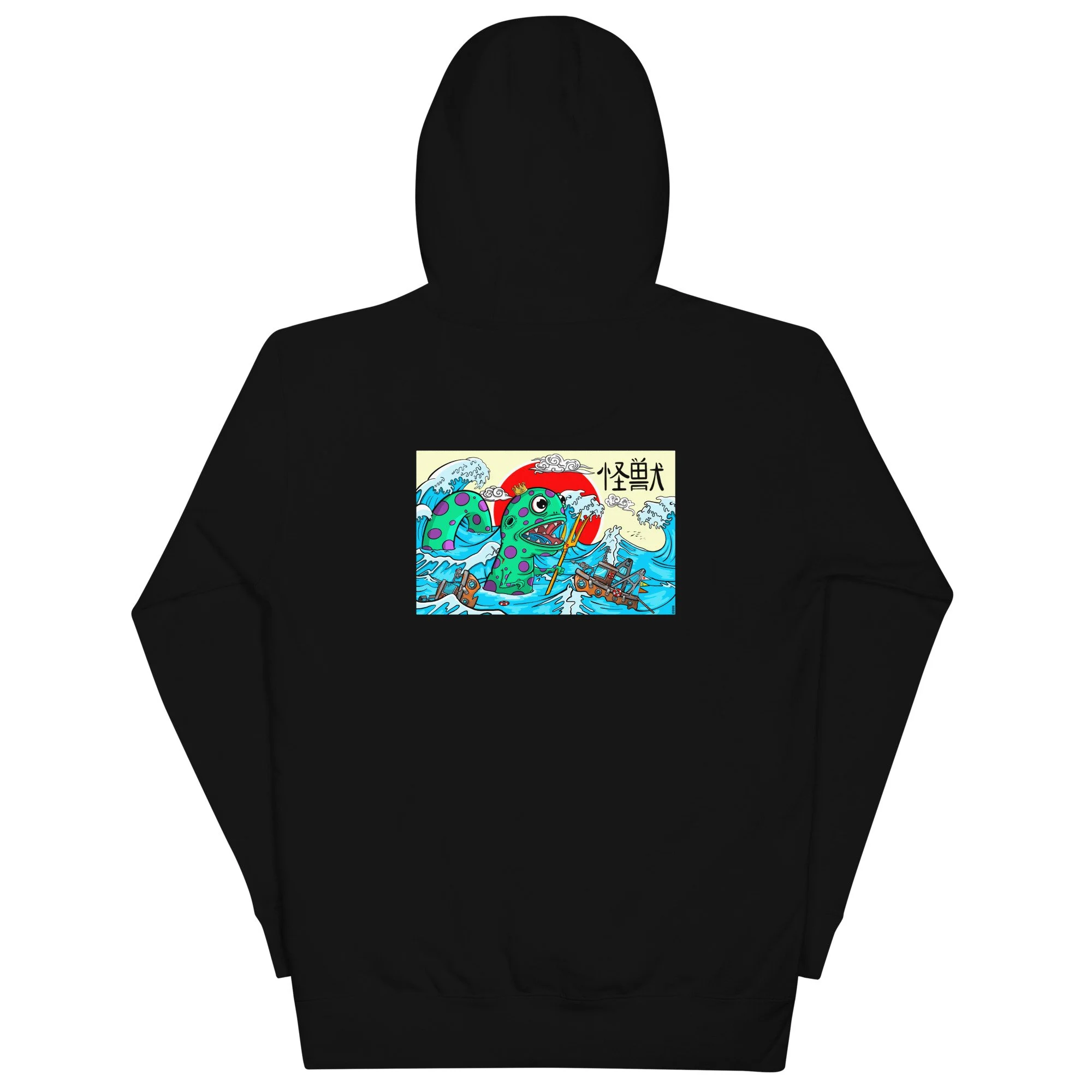 Kaiju sea monster illustration on a unisex pullover hoodie by artist Linc Jolly