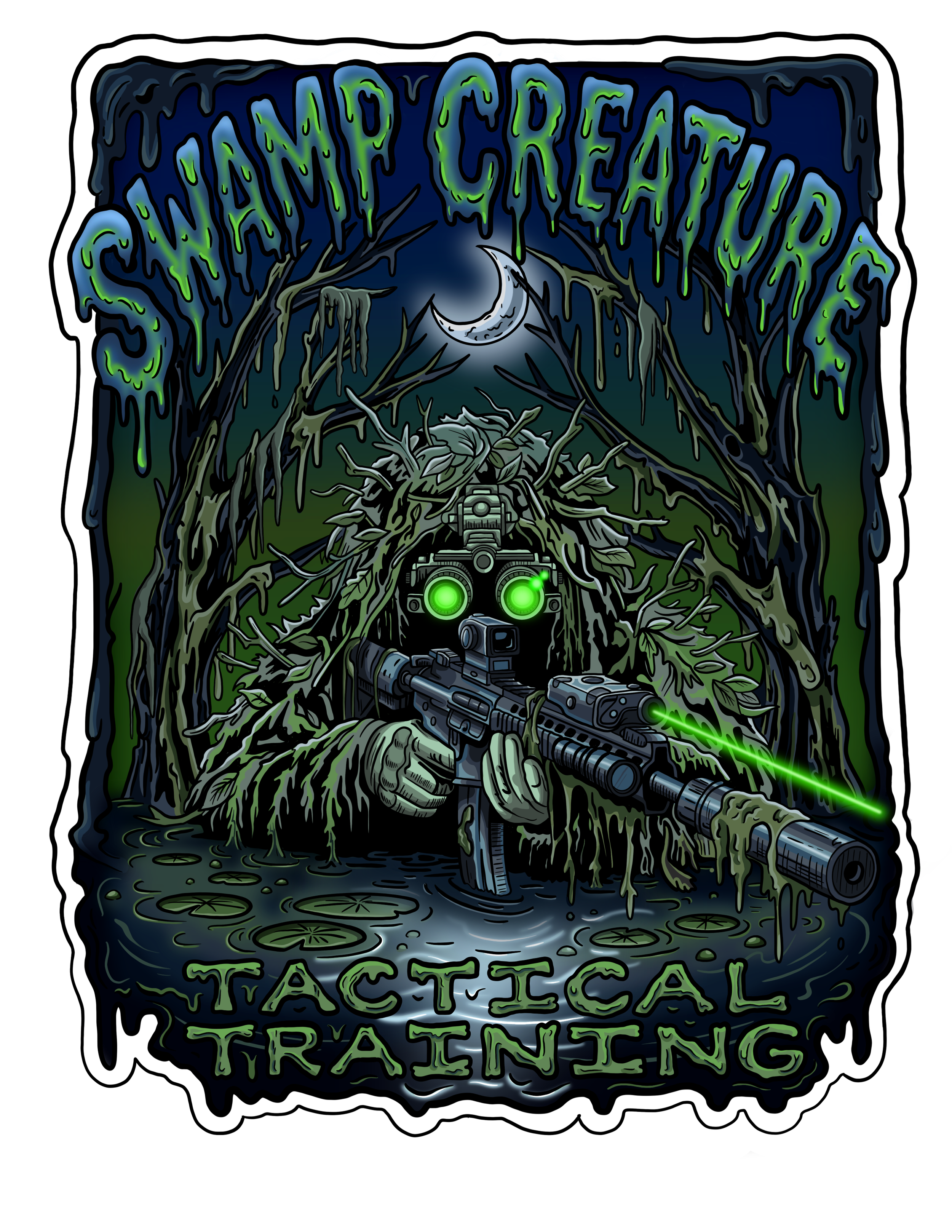 A sticker with a dark forest scene featuring twisted trees, a crescent moon, and a figure with glowing green eyes holding a rifle, surrounded by dripping, slime-like text that reads 'Sandy Creek Haunted Tracing' by artist Linc Jolly