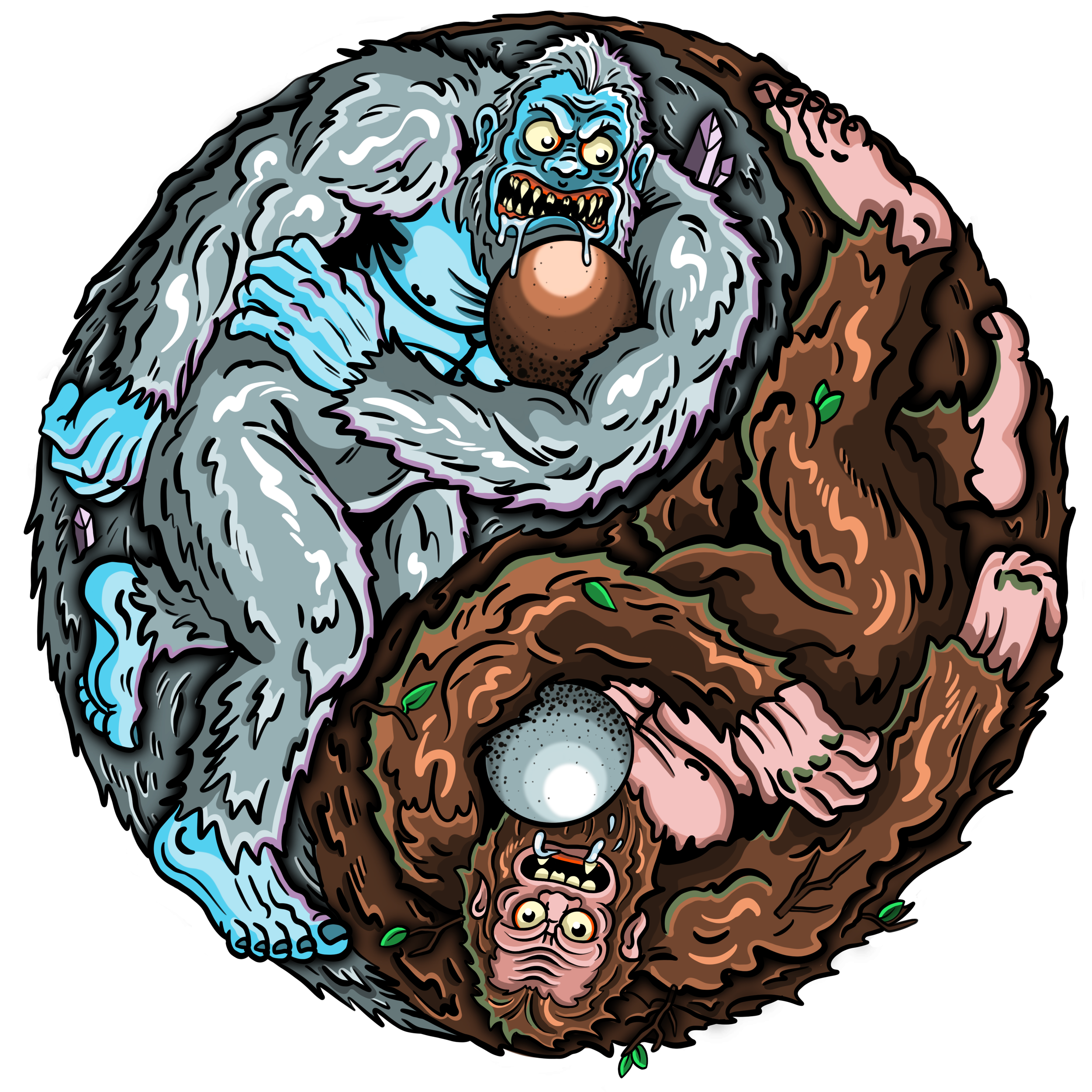 Illustration of a yin and yang with a Yeti and Sasquatch or Bigfoot