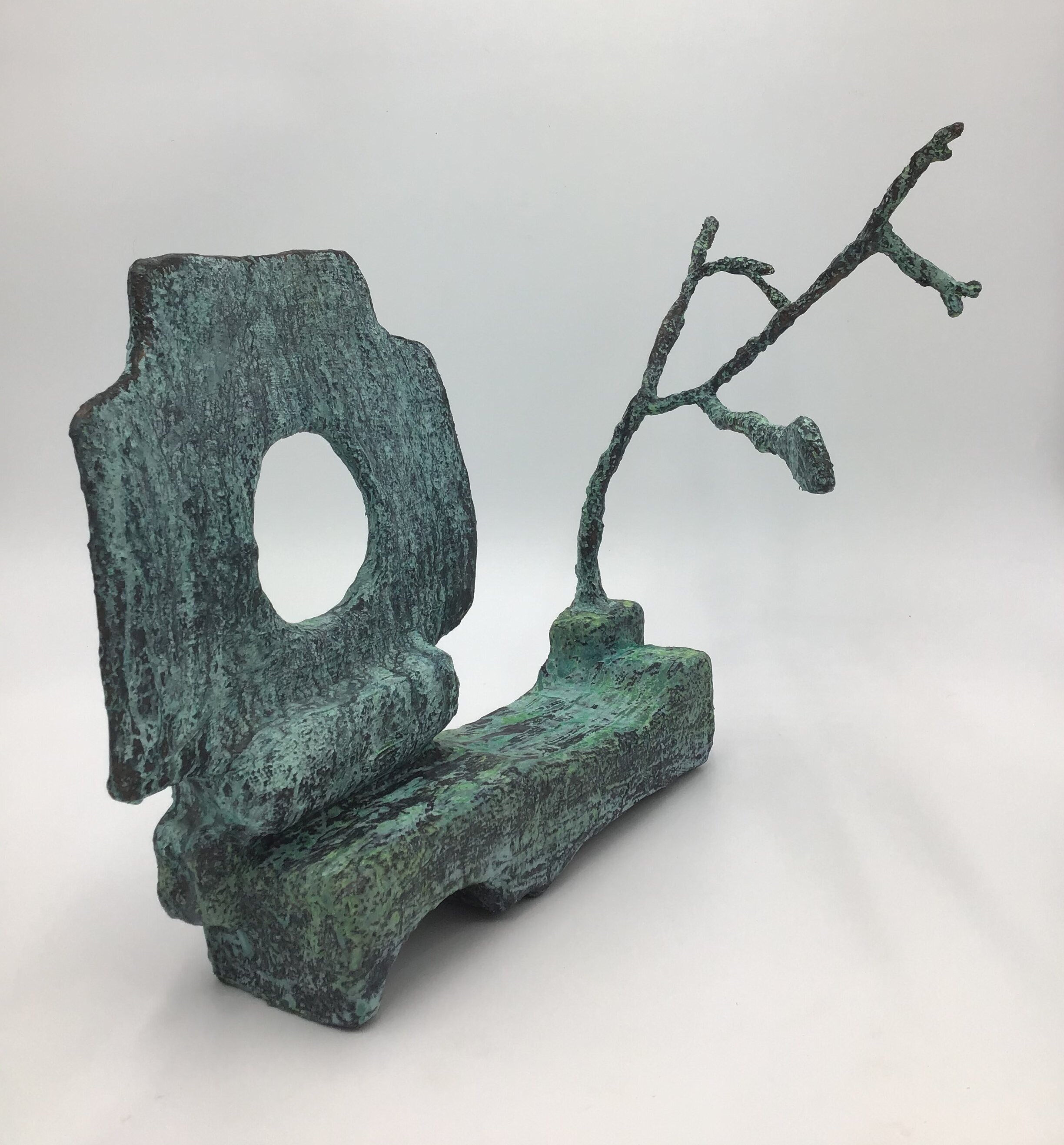Monument , styrofoam, cardboard, tree branch bronze metallic paint with patina 15.5”H X 23W X 12”D (2021)