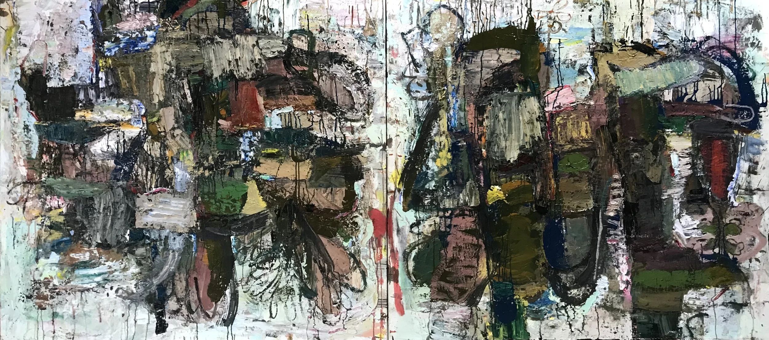   He’s Buried in the Rocks,  oil on  canvas, diptych, 49”H X 109”W 2023     