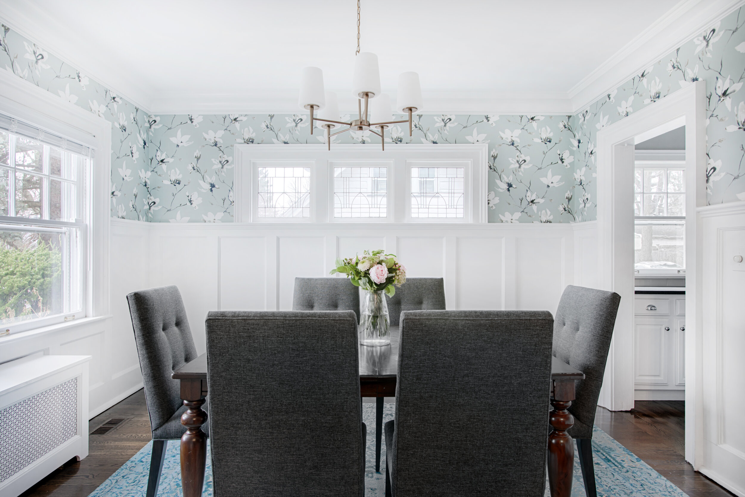 Prewar Dining room with wallpaper and cleanable fabrics 